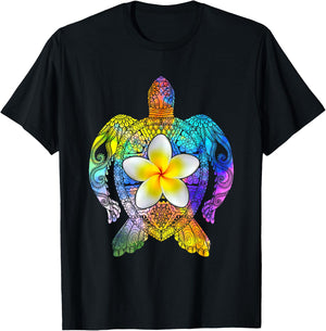 Sea Turtle Colorful Tribal Hawaiian Turtles Plumeria Flower T-Shirt - T-Shirt | Black