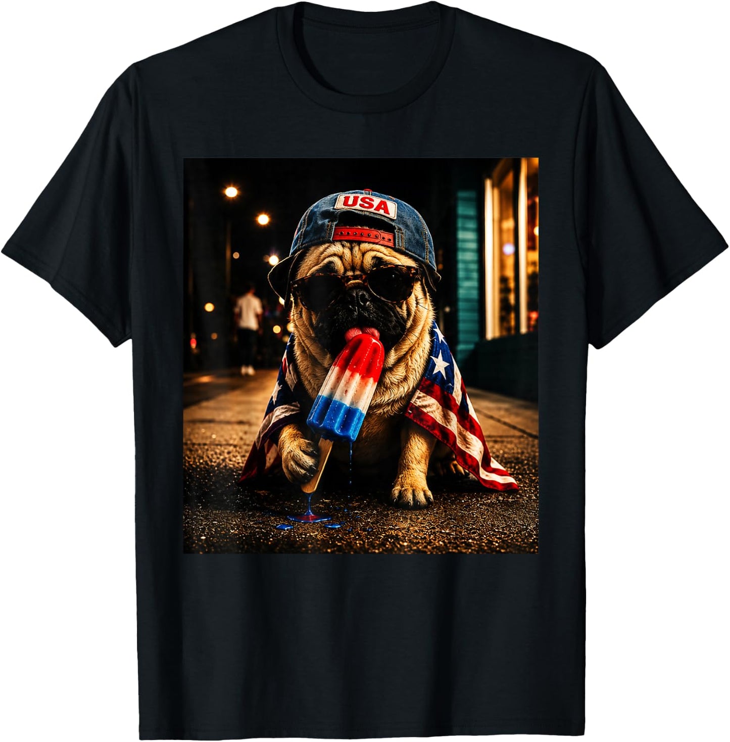 Patriotic Pug Dog with American Flag and Popsicle Art T-Shirt - T-Shirt | Black