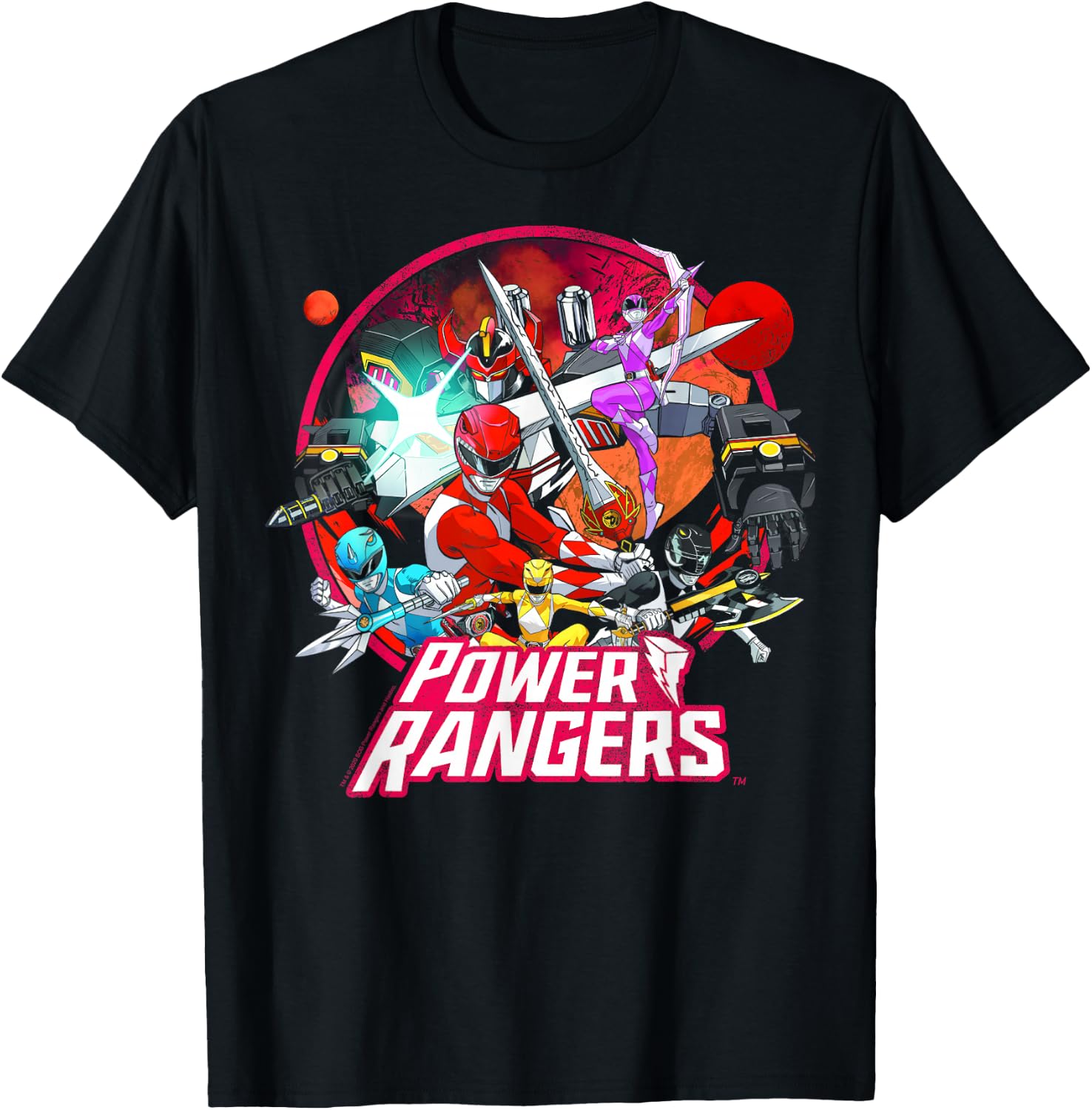 Power Rangers Vintage Comic Style Group Action Circle T-Shirt - T-Shirt | Black