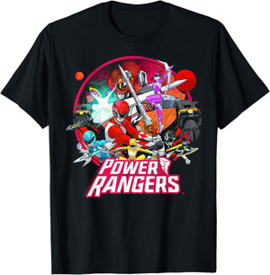 Power Rangers Vintage Comic Style Group Action Circle T-Shirt - T-Shirt | Black