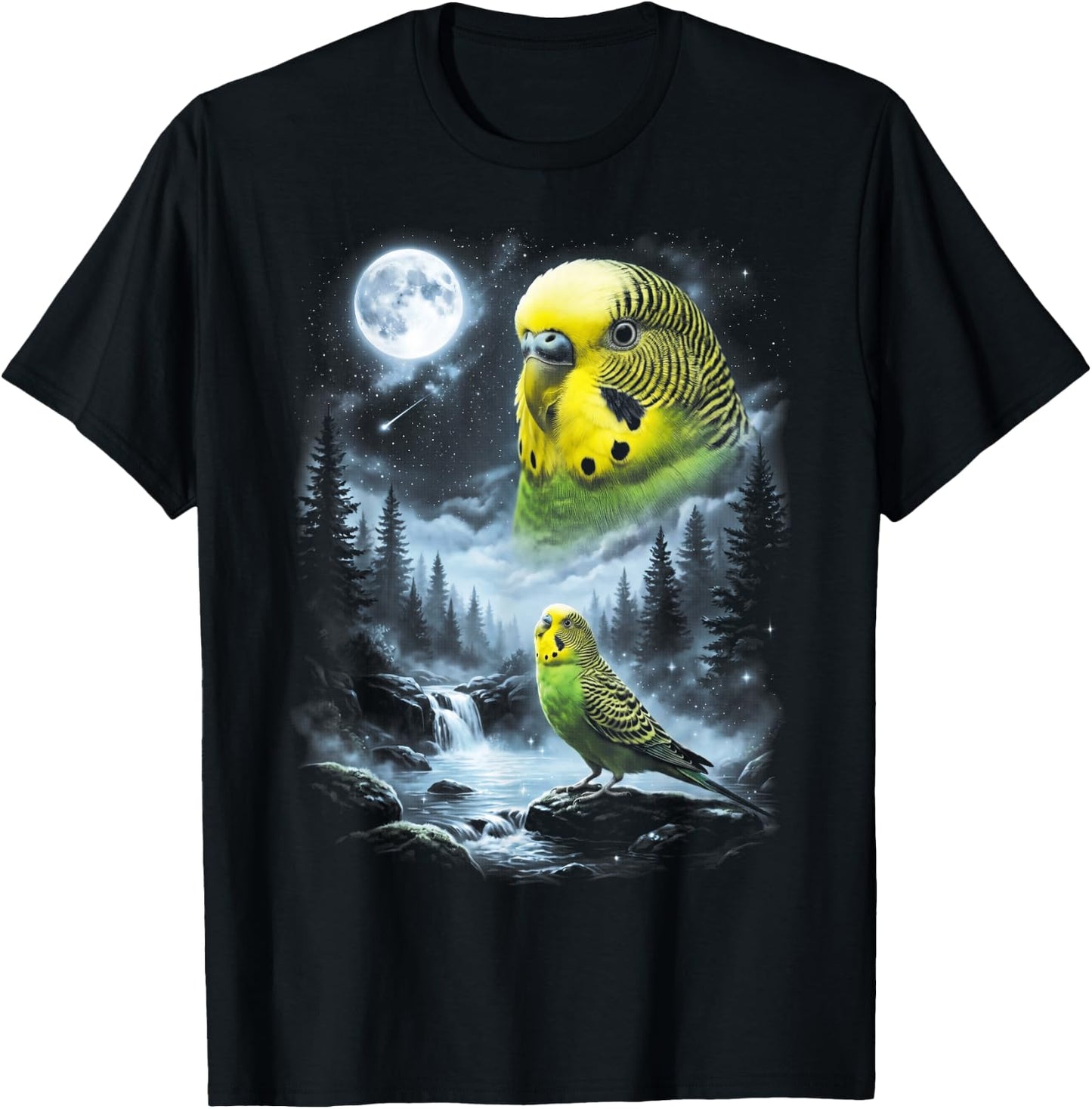 Budgie Parakeet Howling at Moon 90's Retro Bird T-Shirt - T-Shirt | Black