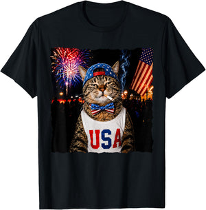 Patriotic Smoking Cat Funny 4th of July USA Flag Cat Lover T-Shirt - T-Shirt | Black