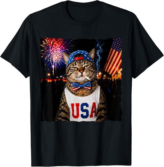 Patriotic Smoking Cat Funny 4th of July USA Flag Cat Lover T-Shirt - T-Shirt | Black