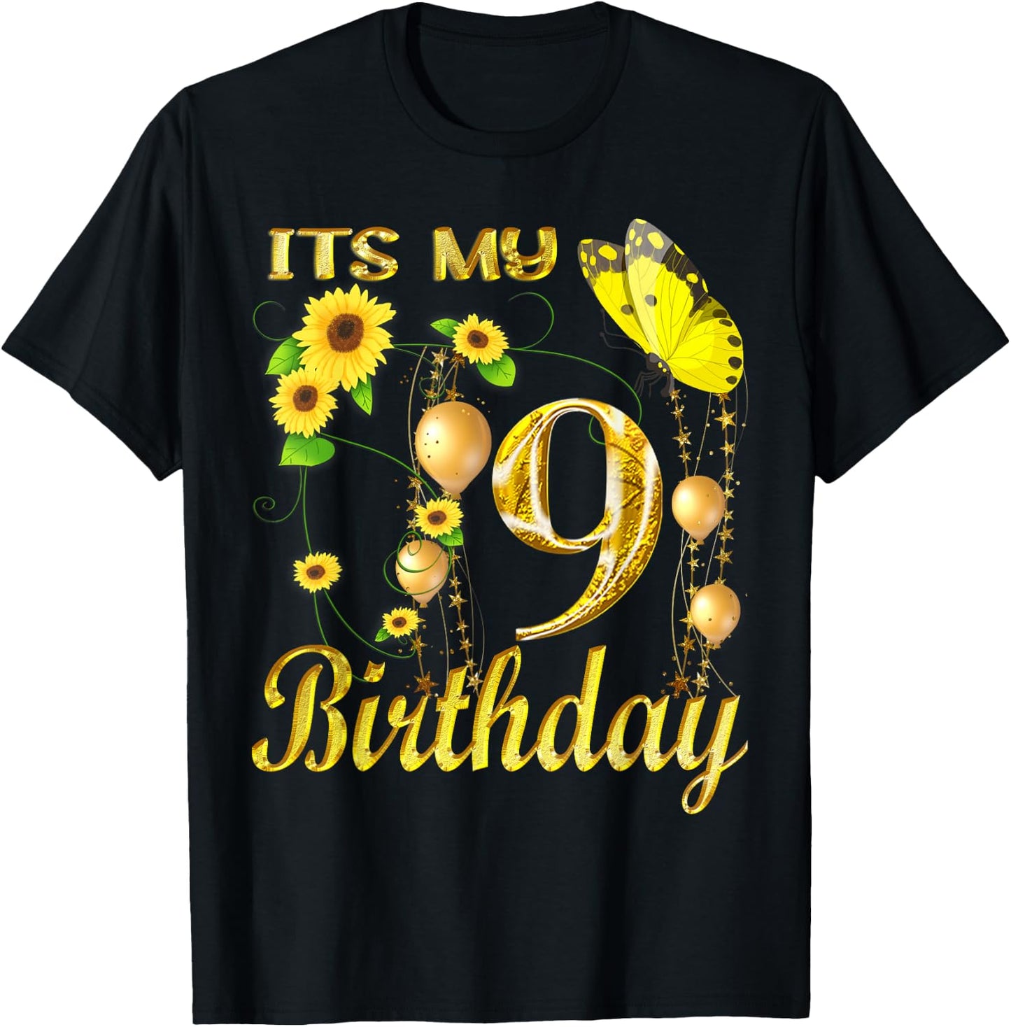 Its My 9th Birthday 9 Year Old Girl Sunflower Butterfly T-Shirt - T-Shirt | Black