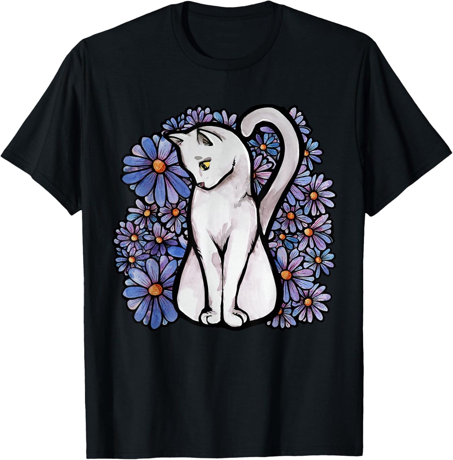 White Cats Kitty Cat Flower Garden T-Shirt - T-Shirt | Black