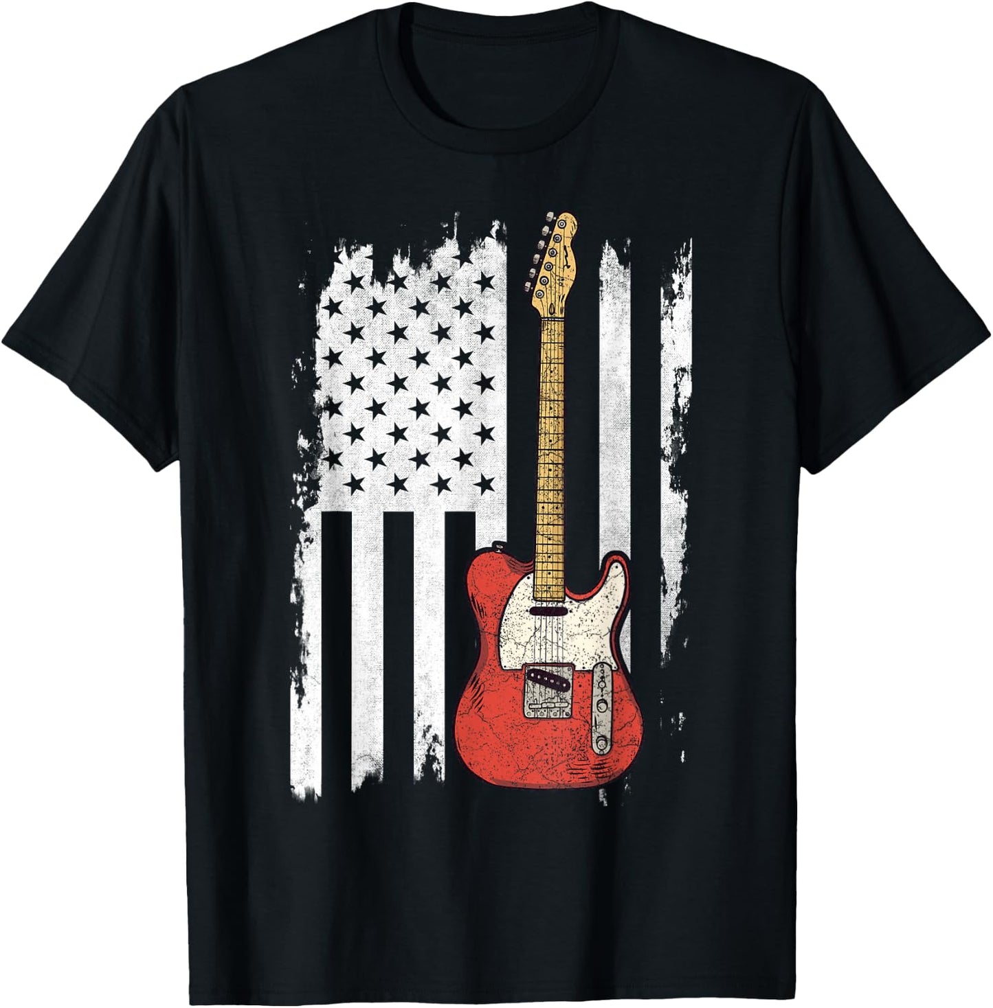 Lets Rock Rock n Roll Guitar Retro USA Flag Music T-Shirt - T-Shirt | Black