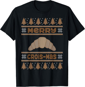 Merry Crois-mas Lover Ugly Christmas Croissant T-Shirt - T-Shirt | Black