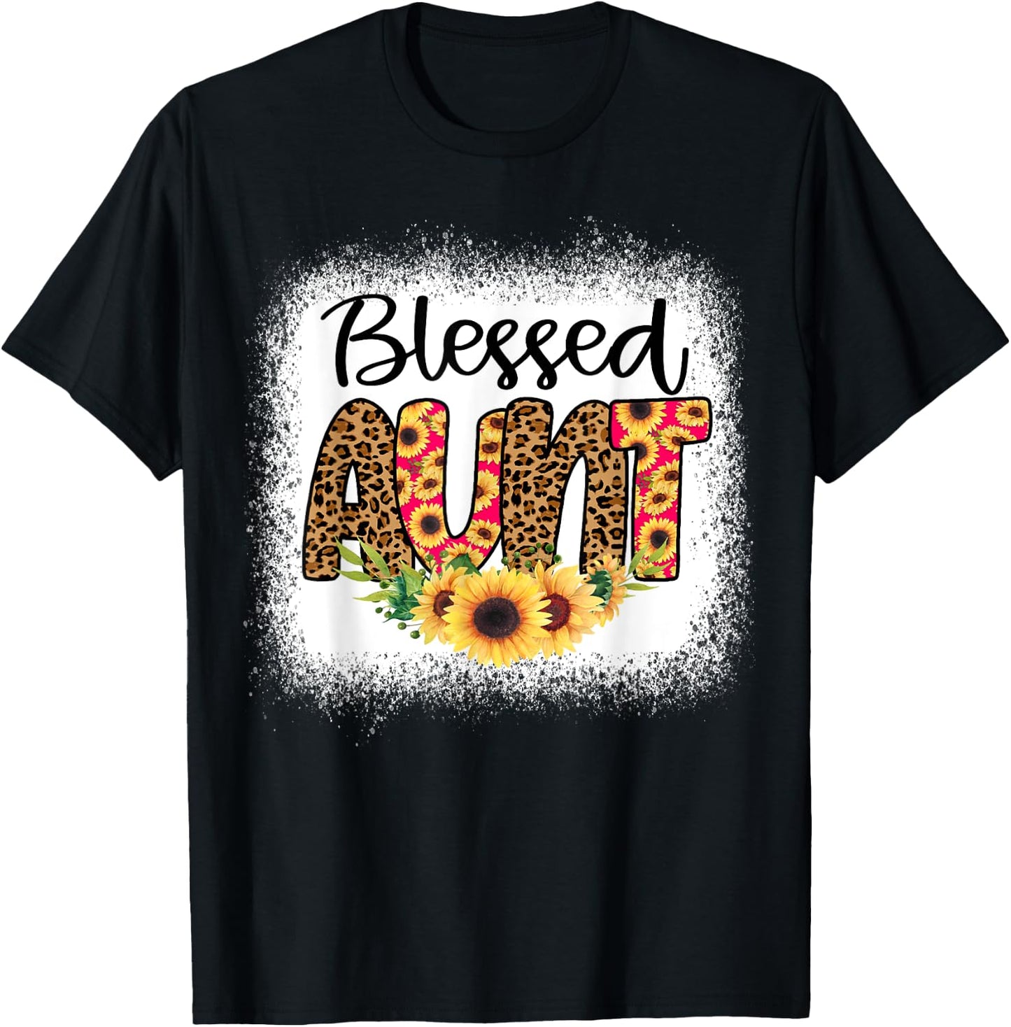 Blessed Aunt Women Bleached Cheetah Print Sunflowers Auntie T-Shirt - T-Shirt | Black