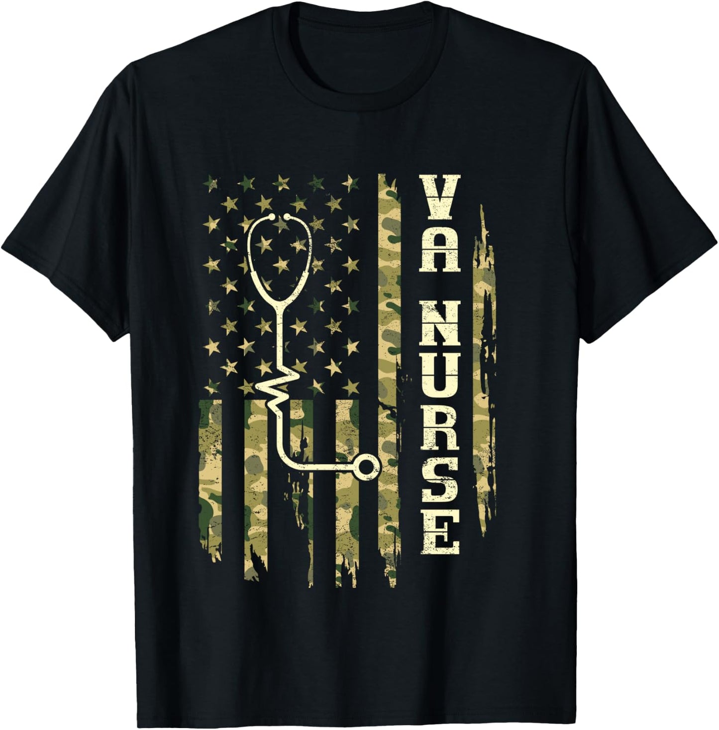 VA Nurse Camouflage American Flag Patriotic Medical Worker T-Shirt - T-Shirt | Black