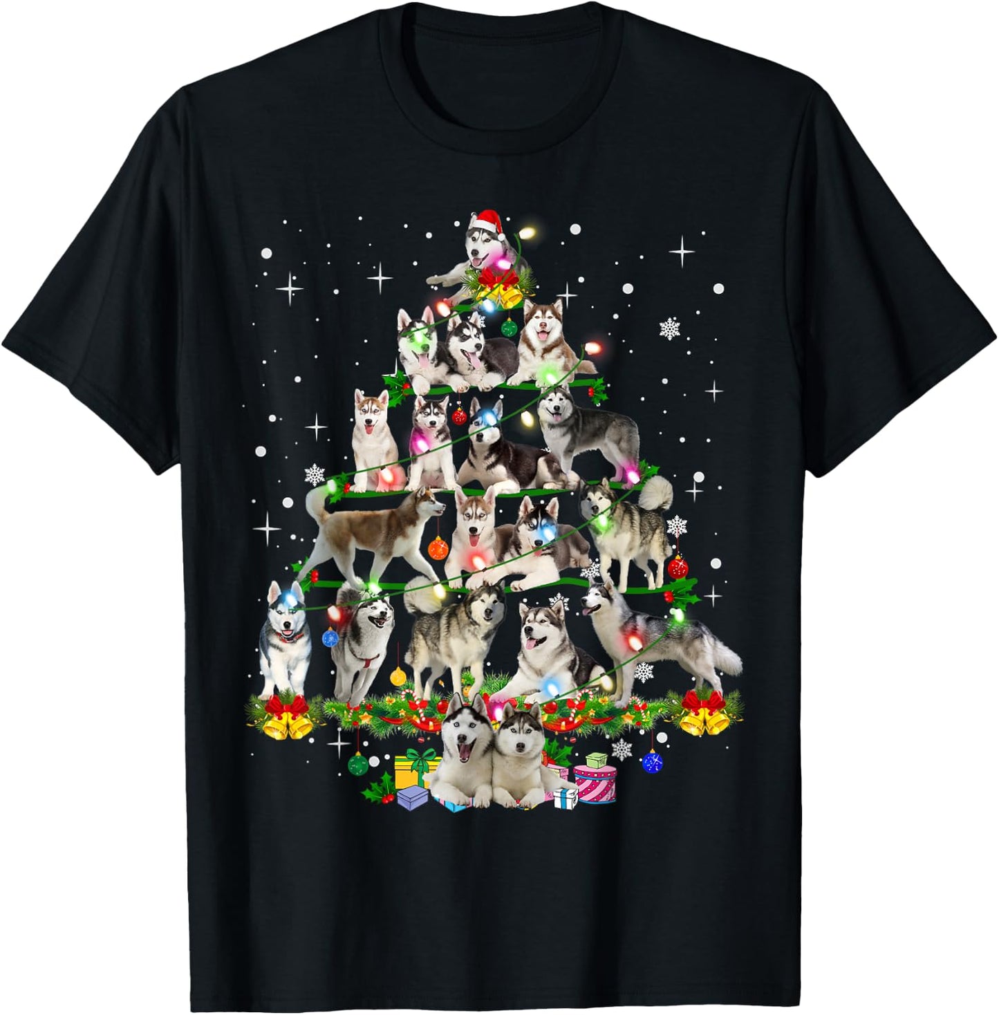 Funny Siberian Husky Christmas Tree Xmas Dog Dad Mom T-Shirt - T-Shirt | Black