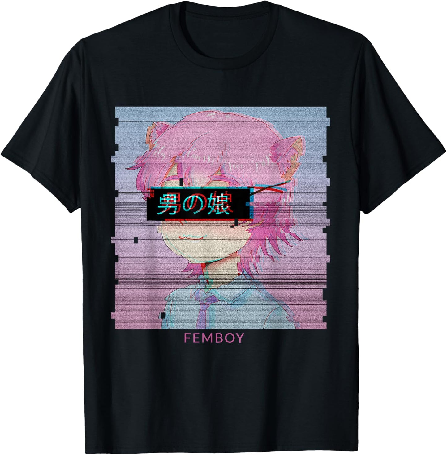 Femboy Anime Neko Cat Boy Aesthetic Vaporwave Japanese T-Shirt - T-Shirt | Black