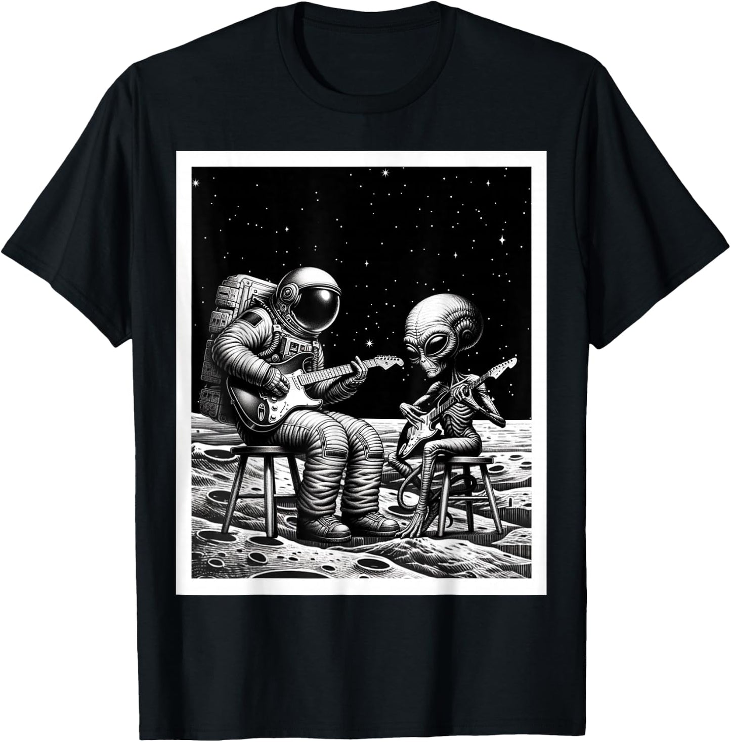 Funny Astronaut and alien playing electric guitar In Space T-Shirt - T-Shirt | Black