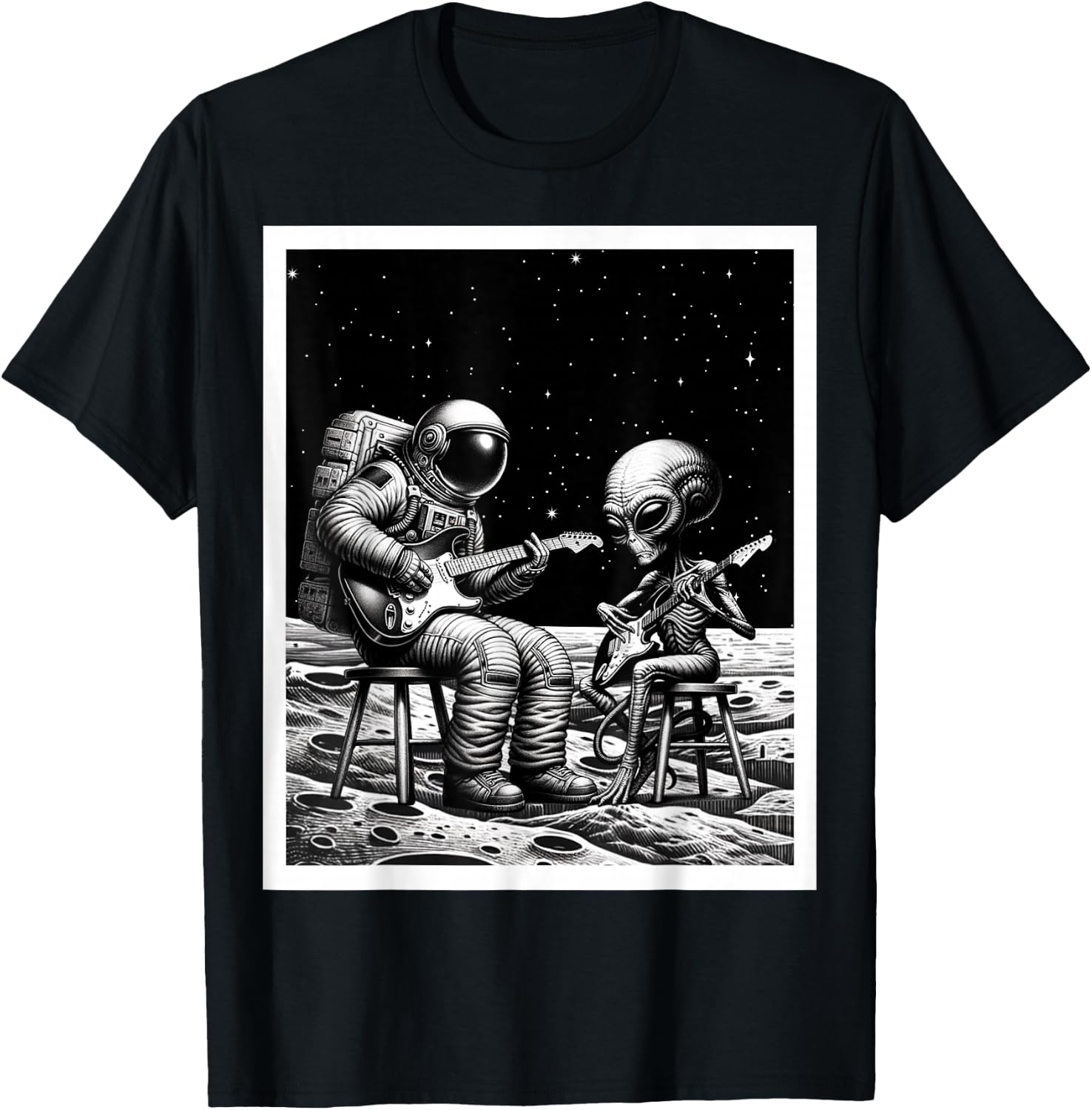 Funny Astronaut and alien playing electric guitar In Space T-Shirt - T-Shirt | Black