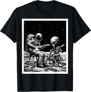 Funny Astronaut and alien playing electric guitar In Space T-Shirt - T-Shirt | Black