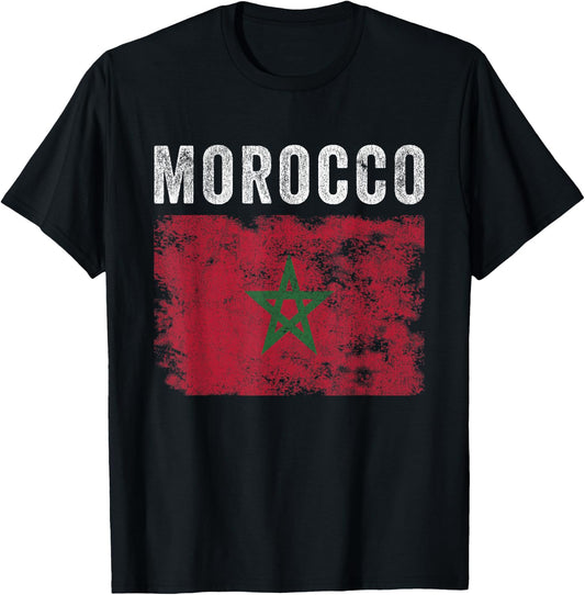 Morocco Flag Distressed - Men Women Kids - Moroccan Flag T-Shirt - T-Shirt | Black
