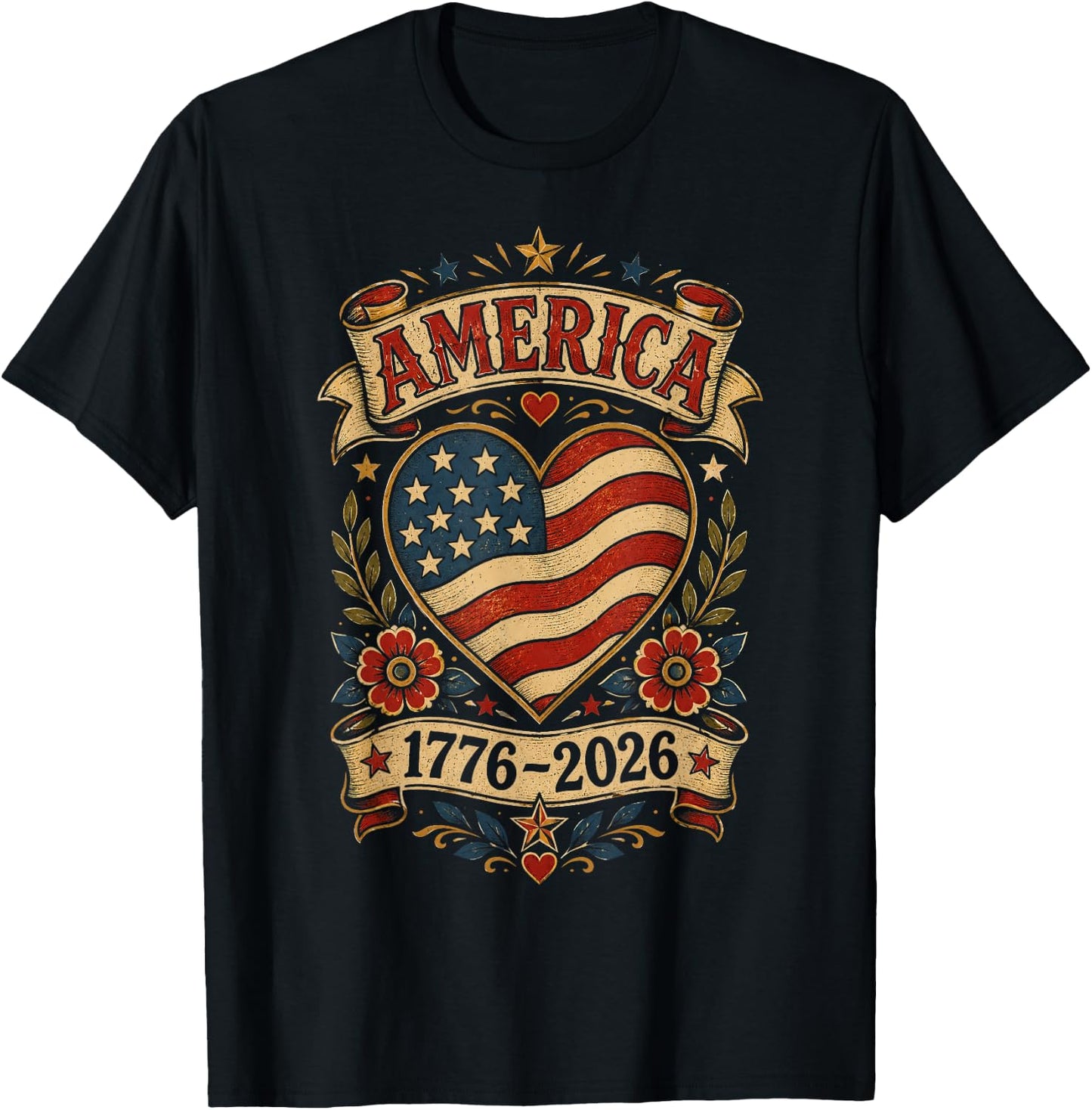Vintage America Flag Heart 1776 2026 4th of July 250 Years T-Shirt - T-Shirt | Black