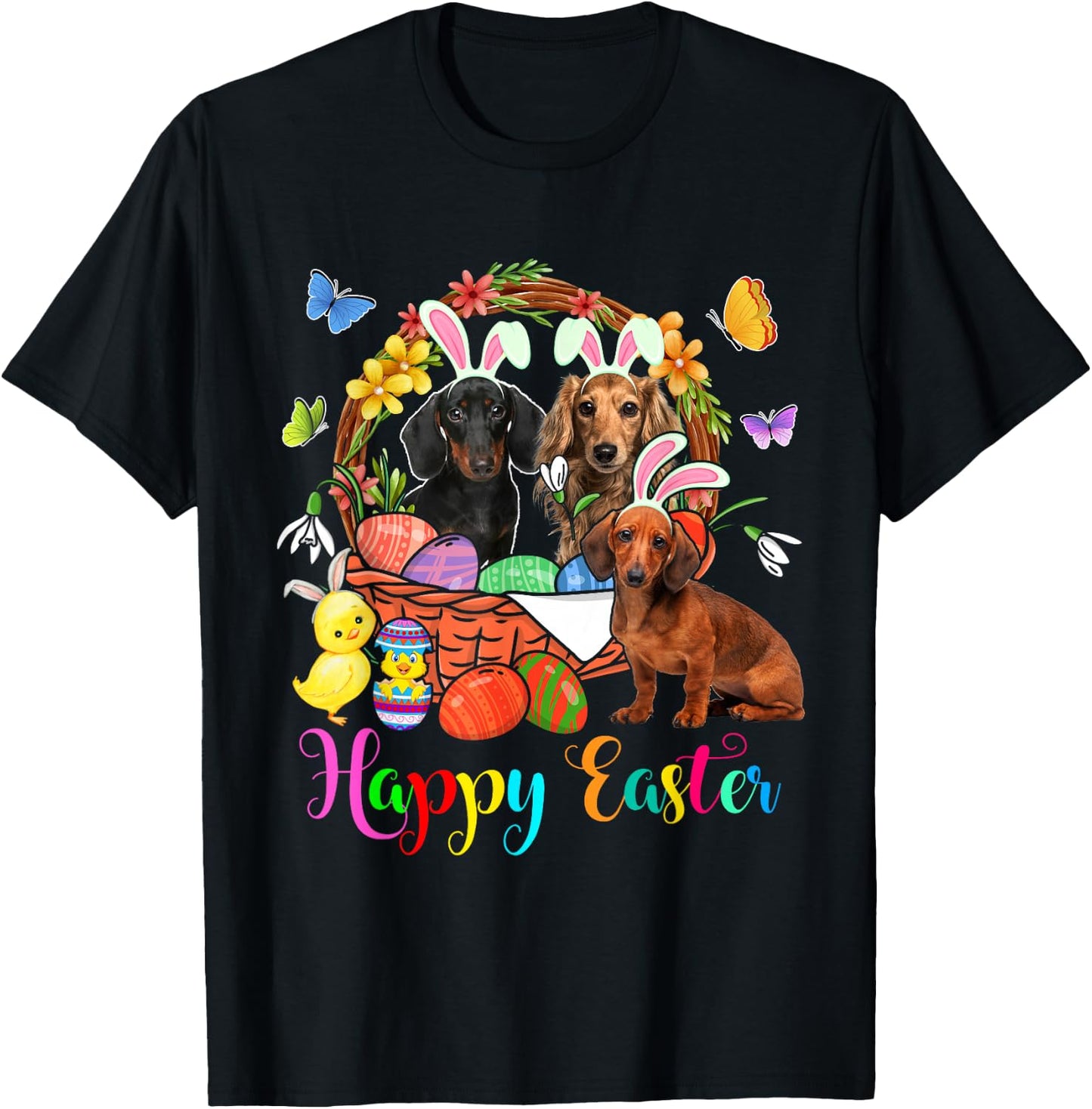 Three Bunny Dachshund Dogs In Easter Eggs Basket T-Shirt - T-Shirt | Black