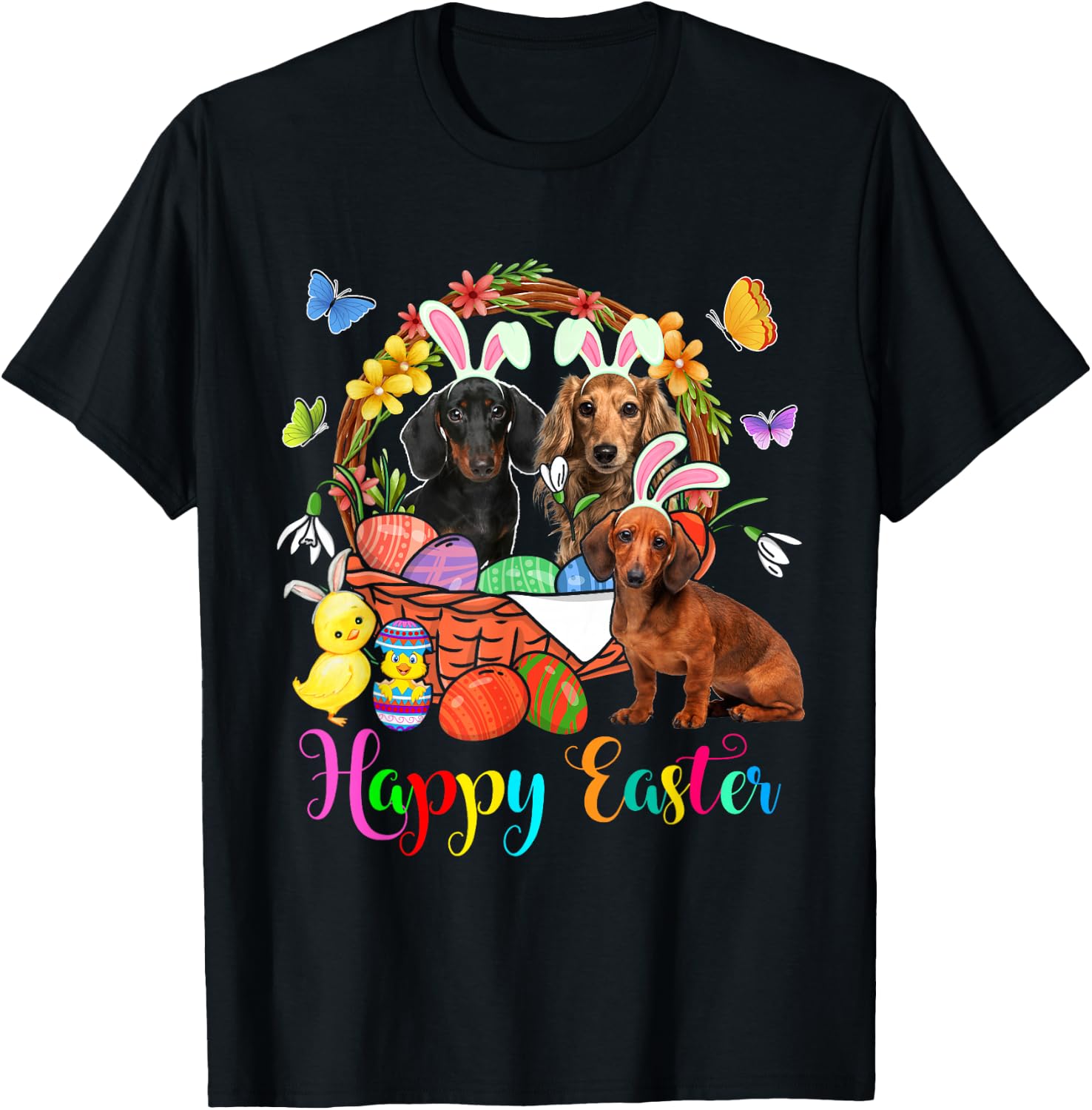 Three Bunny Dachshund Dogs In Easter Eggs Basket T-Shirt - T-Shirt | Black