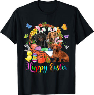 Three Bunny Dachshund Dogs In Easter Eggs Basket T-Shirt - T-Shirt | Black