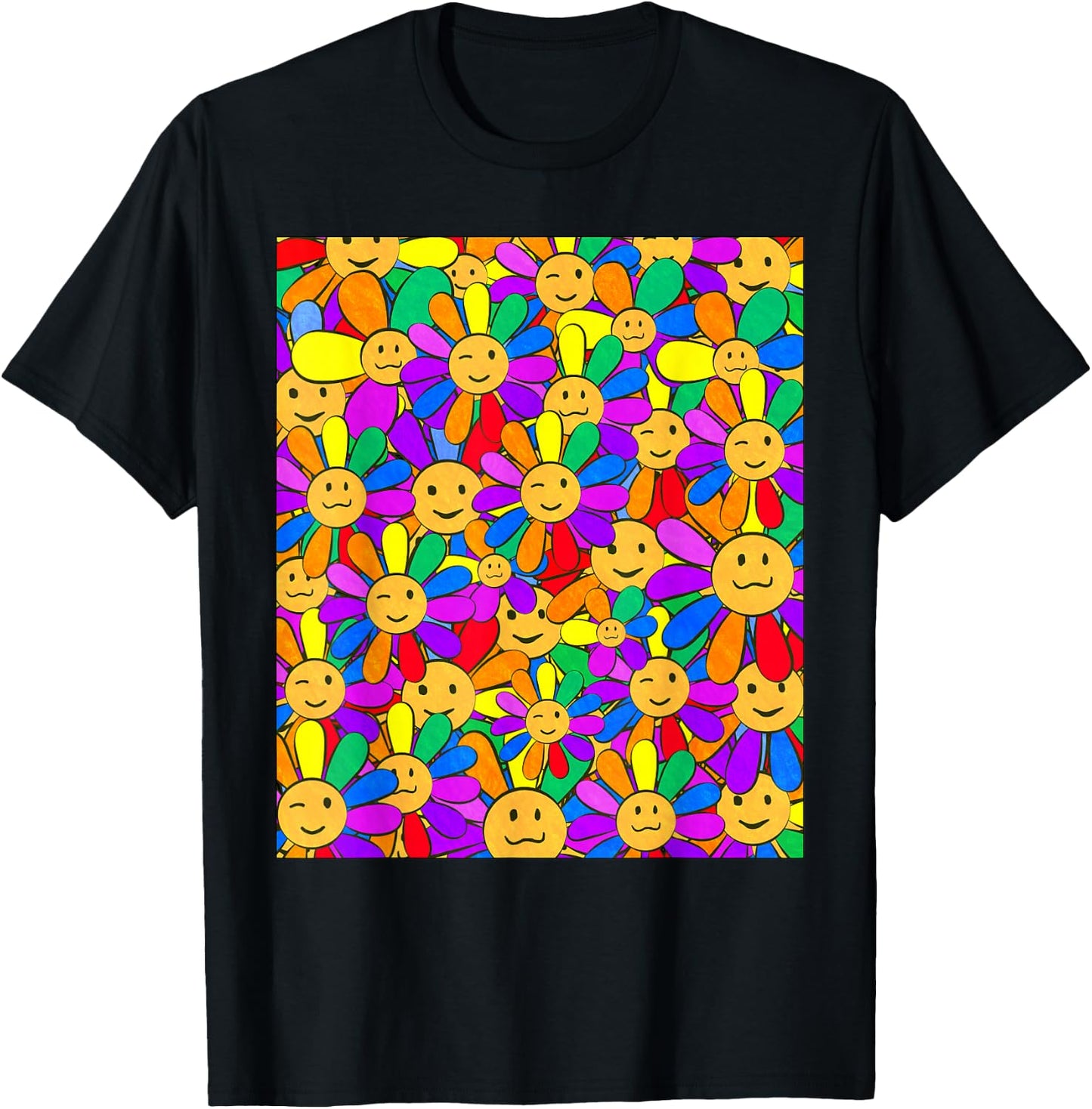 Kidcore Aesthetic Smiling Flowers Cute Kawaii Face Retro T-Shirt - T-Shirt | Black