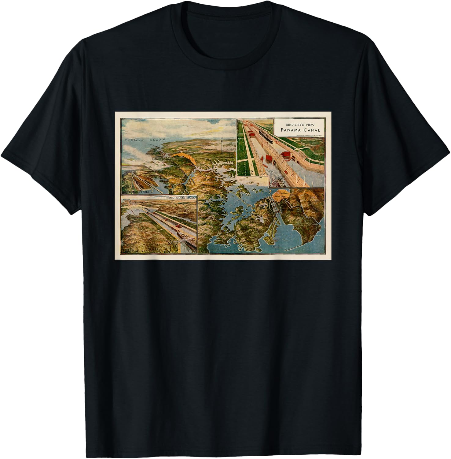 Panama Canal Birds Eye Map (1914) T-Shirt - T-Shirt | Black
