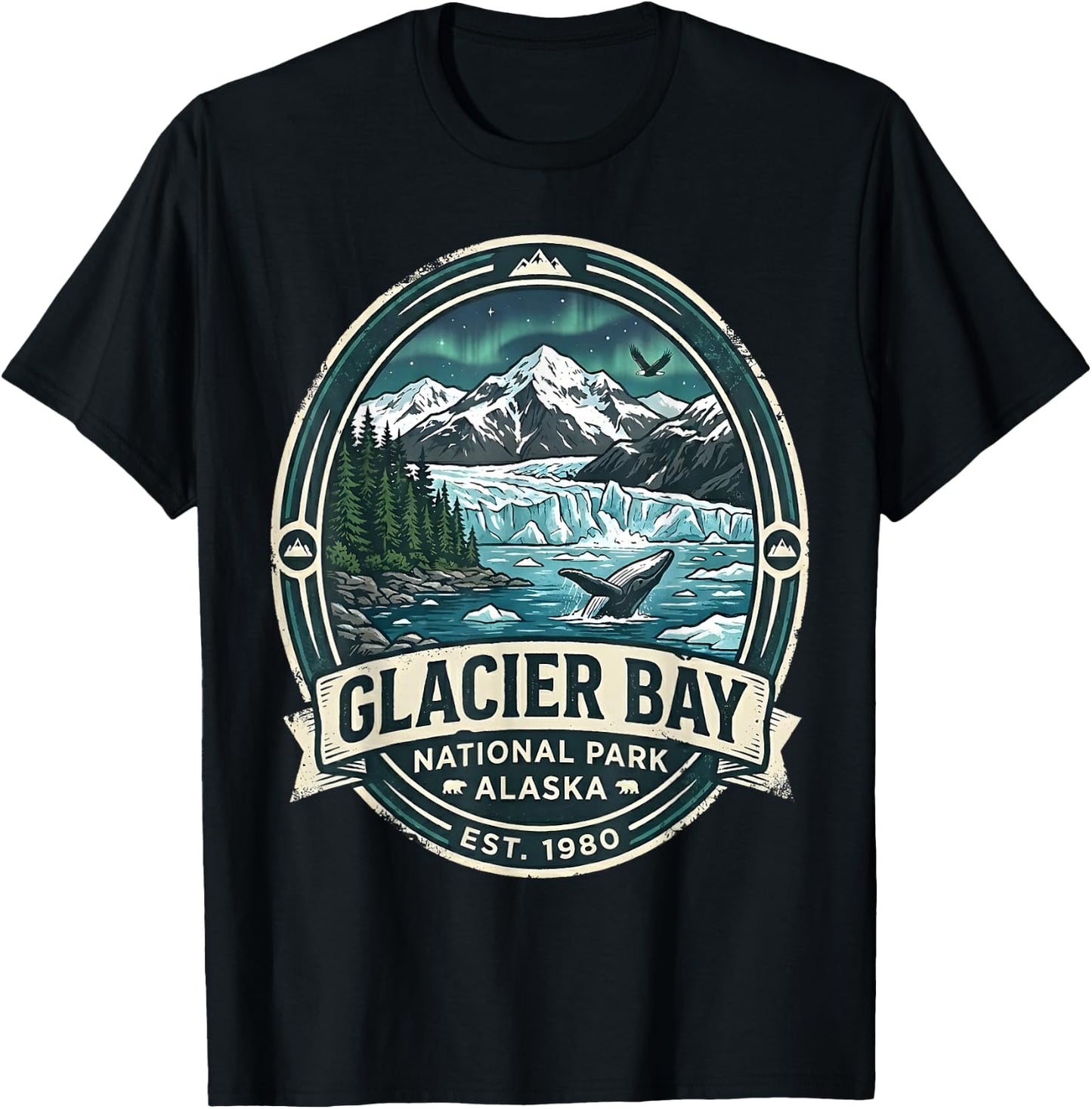 Glacier Bay National Park Alaska Vintage Whale & Mountains T-Shirt - T-Shirt | Black