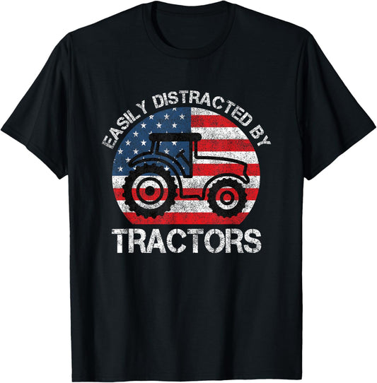 Easily Distracted by Tractors for Patriotic Farmer Vintage T-Shirt - T-Shirt | Black