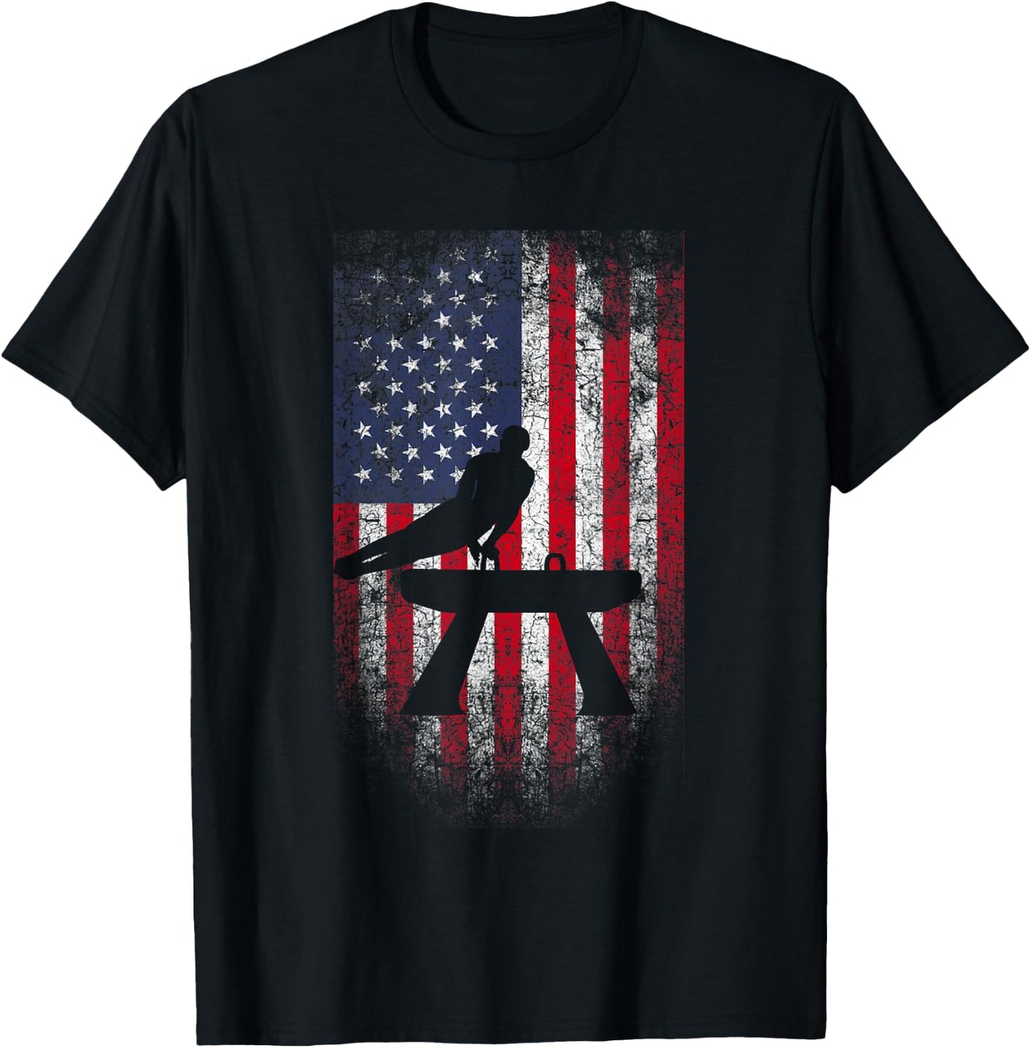 Gymnastics Pommel Horse USA American Flag Vintage Sports Women Kids Men T-Shirt - T-Shirt | Black