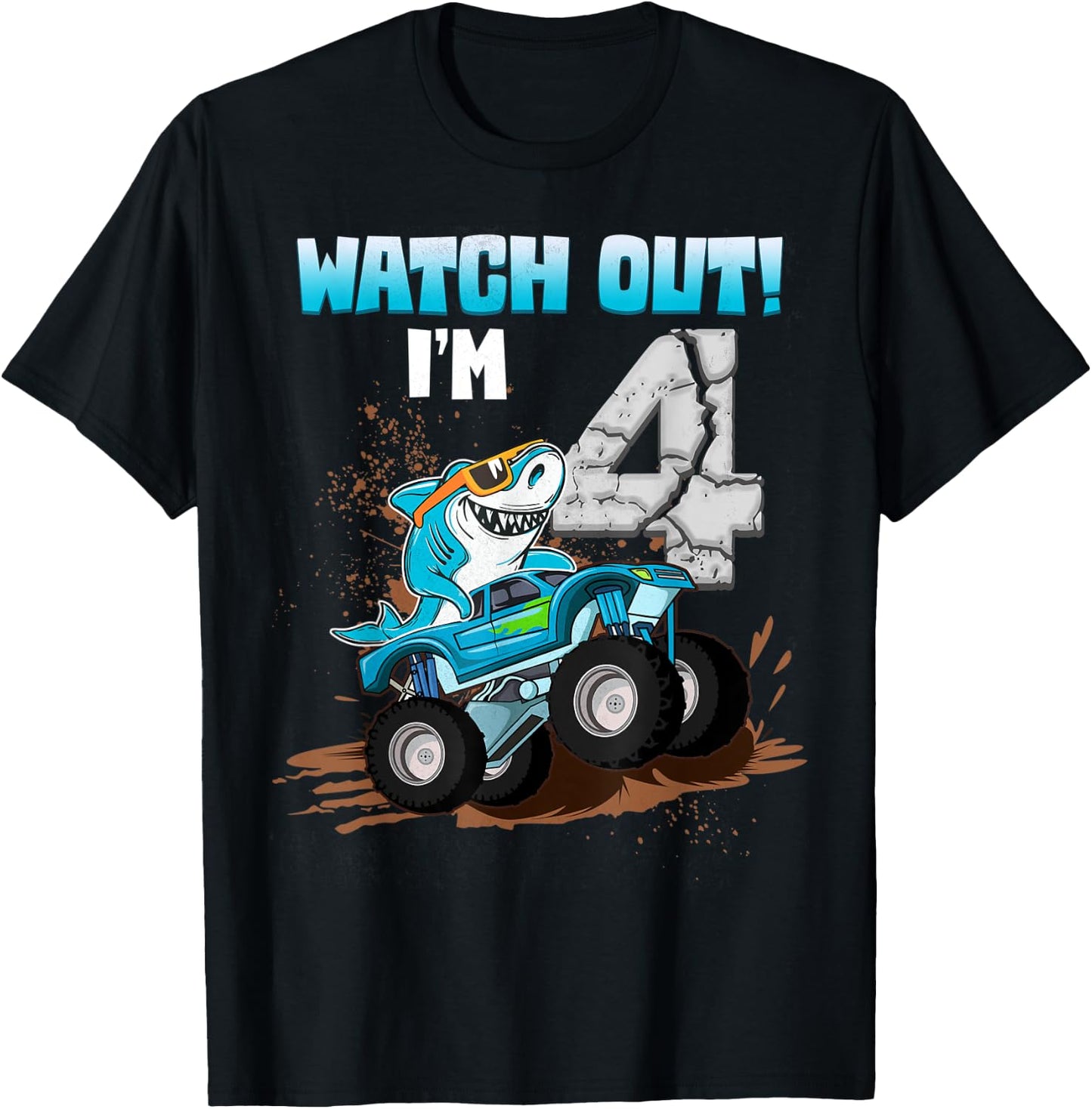 4 Years Old 4th Birthday Shark Boy Girl Monster Truck Gamer T-Shirt - T-Shirt | Black