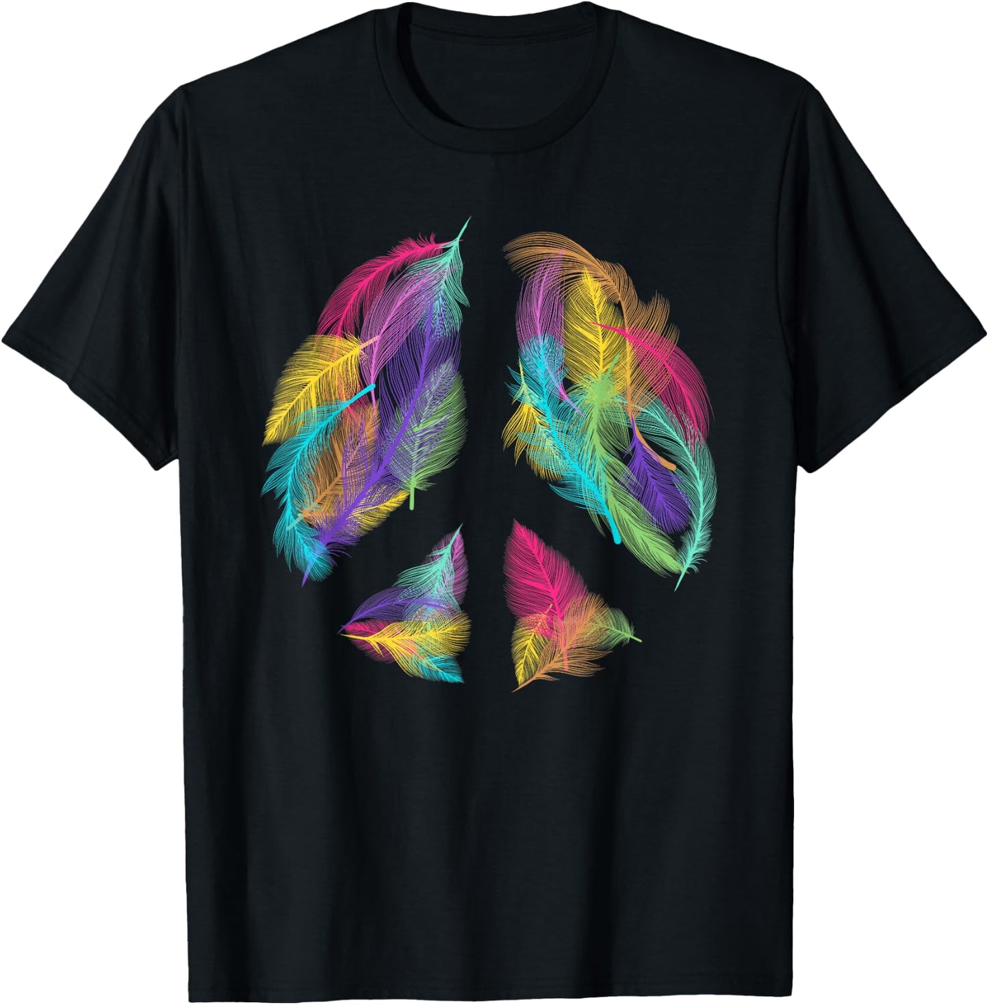 Peace Sign Colorful Feathers Hippie Peace Symbol Retro T-Shirt - T-Shirt | Black