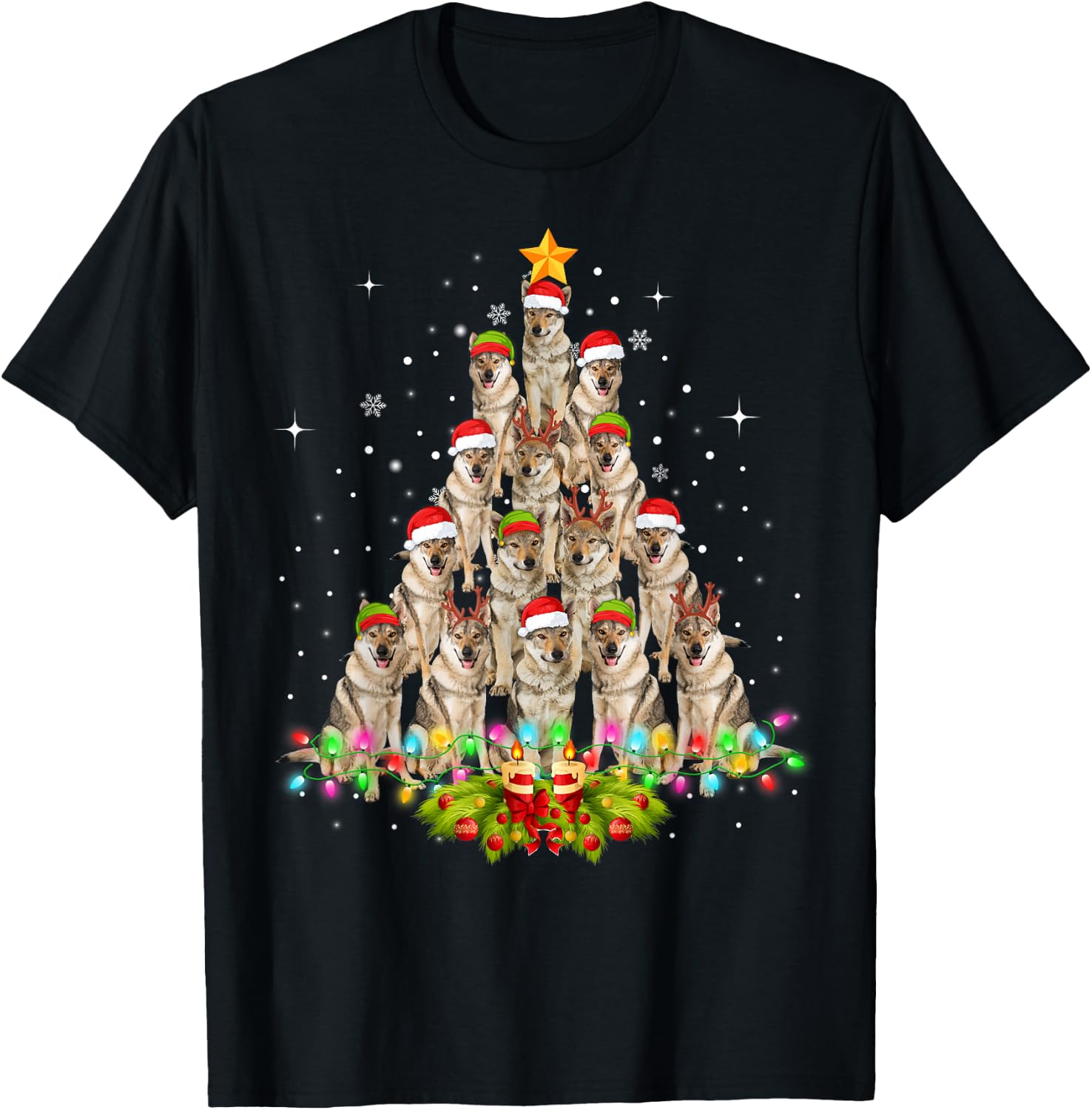 Wolfs Tree Christmas Sweater Xmas Pet Animal Wolf Lover Gift T-Shirt - T-Shirt | Black