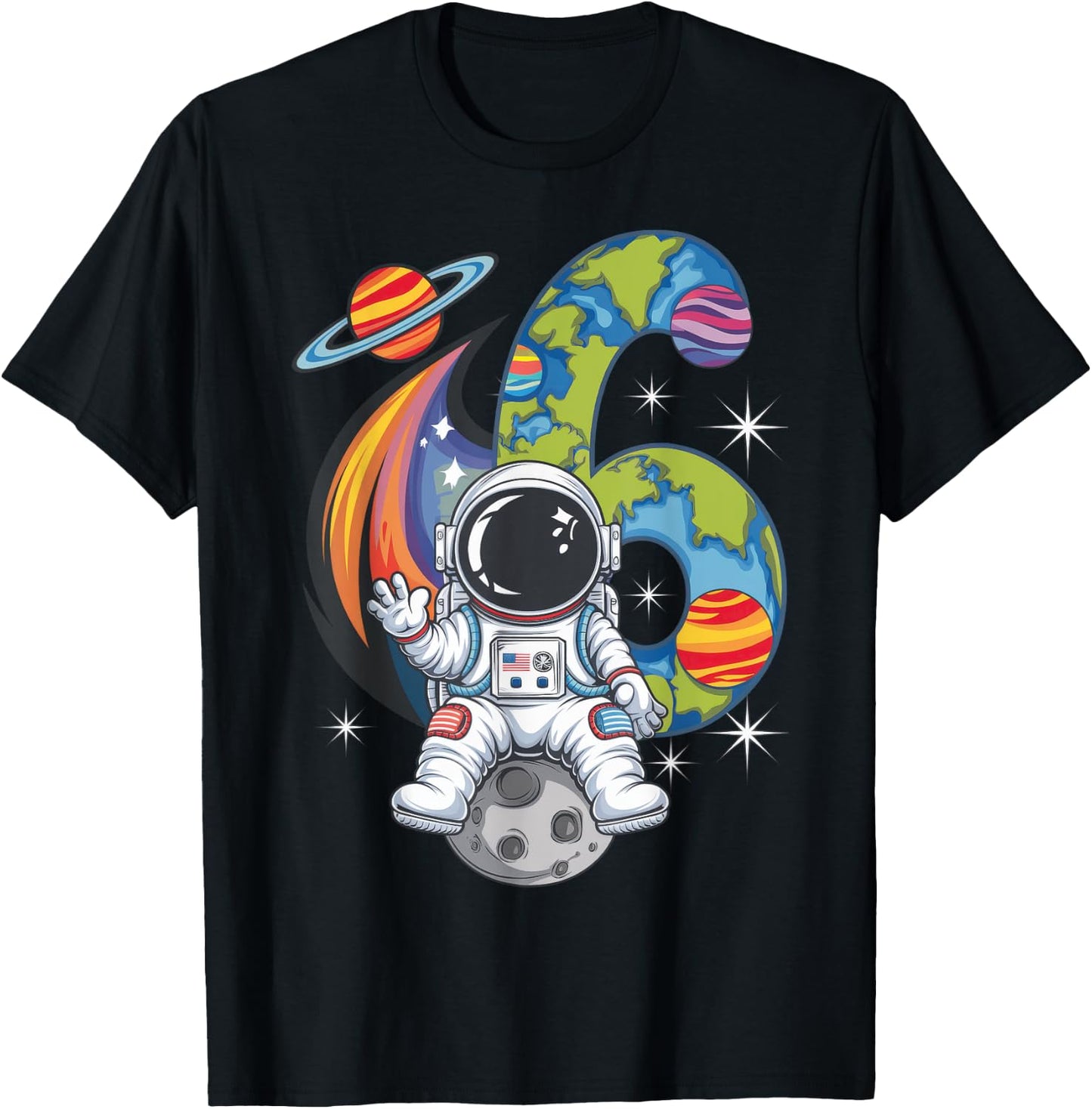 Planets Astronaut Birthday Kids 6th Birthday T-Shirt - T-Shirt | Black