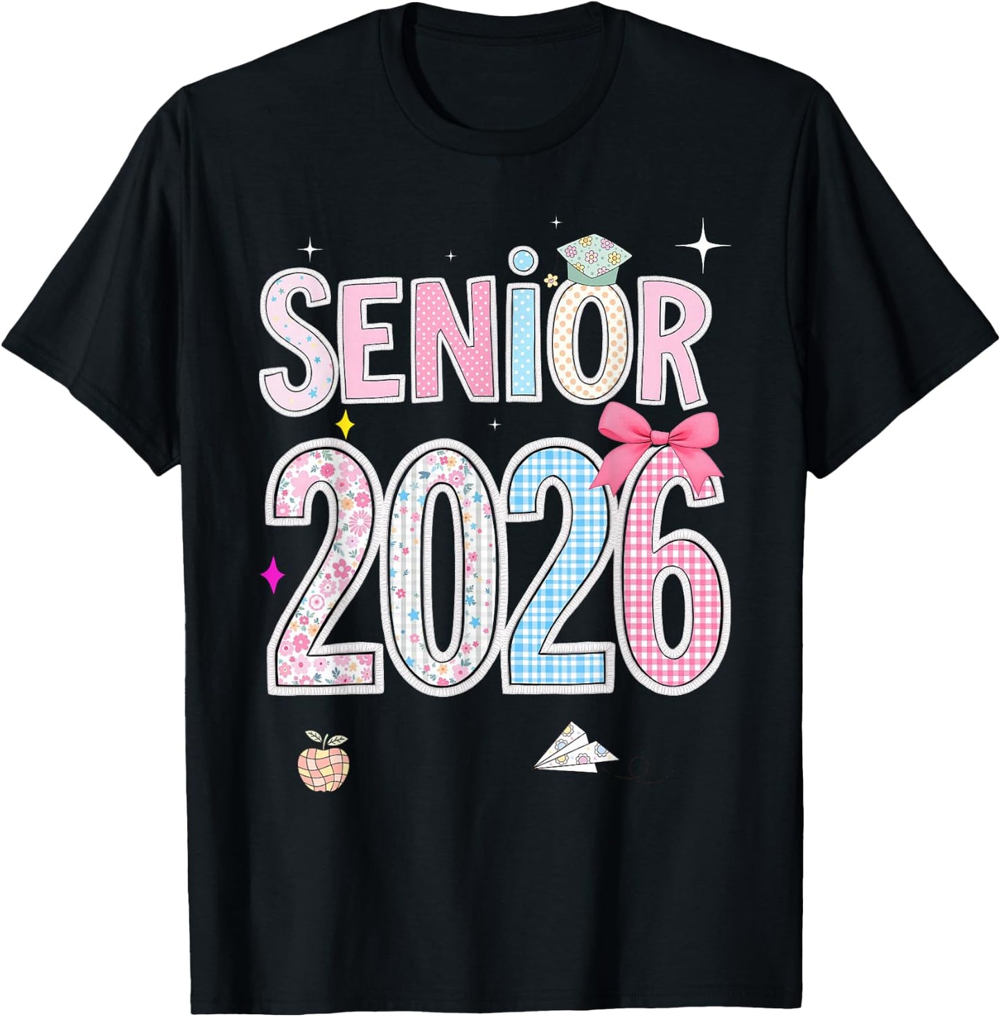 Back To School Senior 2026 Pastel Floral Graduation Bow Cap T-Shirt - T-Shirt | Black