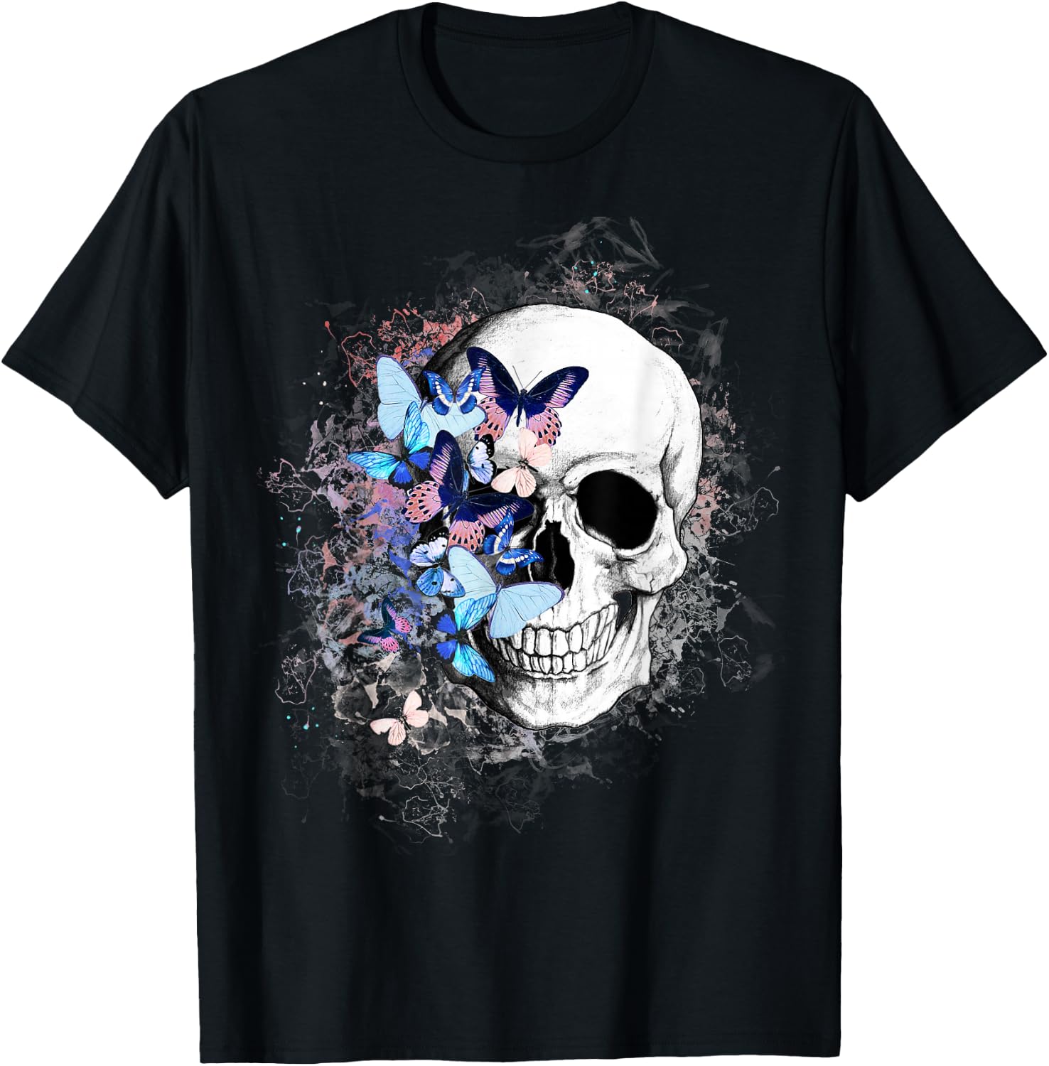 Skull with colorful butterflies, anatomy art T-Shirt - T-Shirt | Black