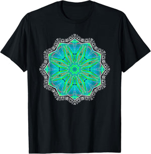 Green Kaleidoscope-art Mandala Geometry Gaia Yoga Mantra T-Shirt - T-Shirt | Black