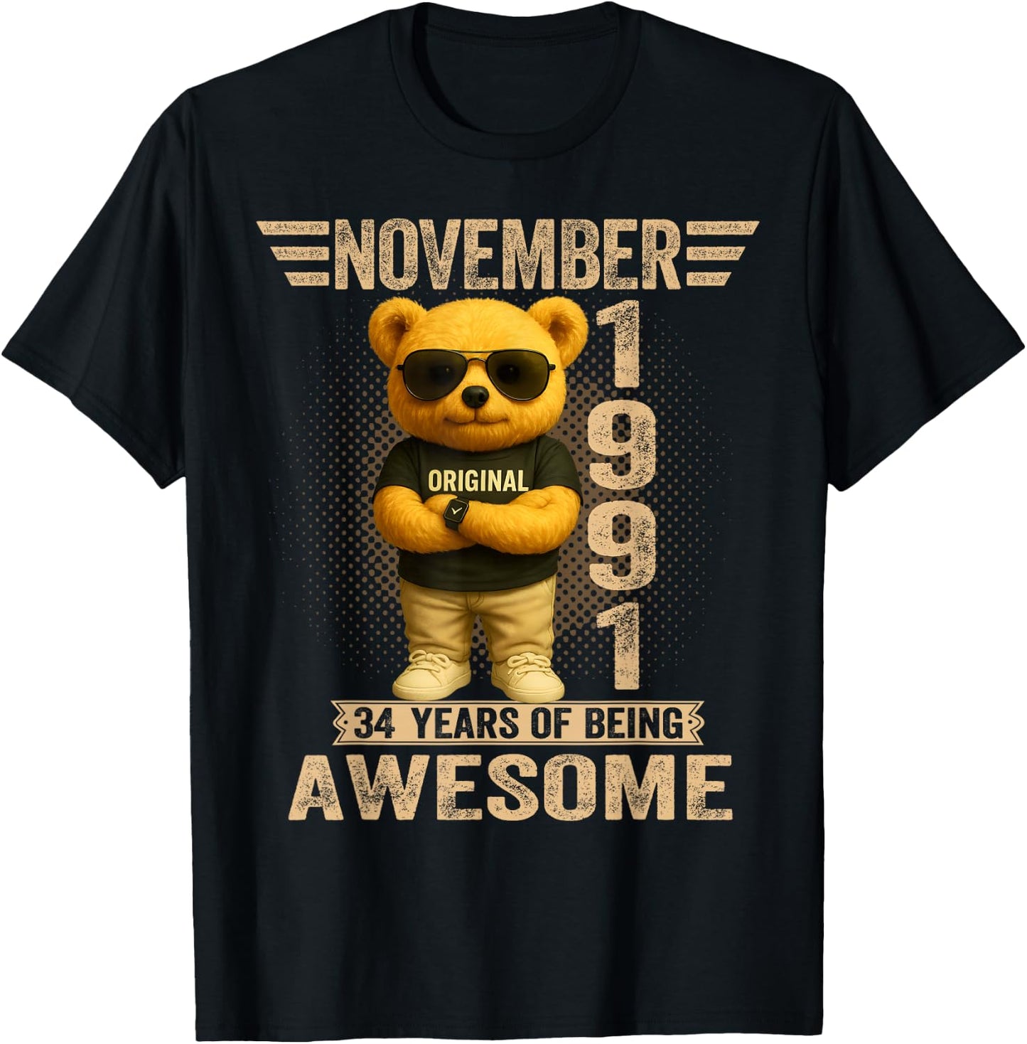 34 Year Old November 1991 Teddy Bear 34th Birthday Men Women T-Shirt - T-Shirt | Black