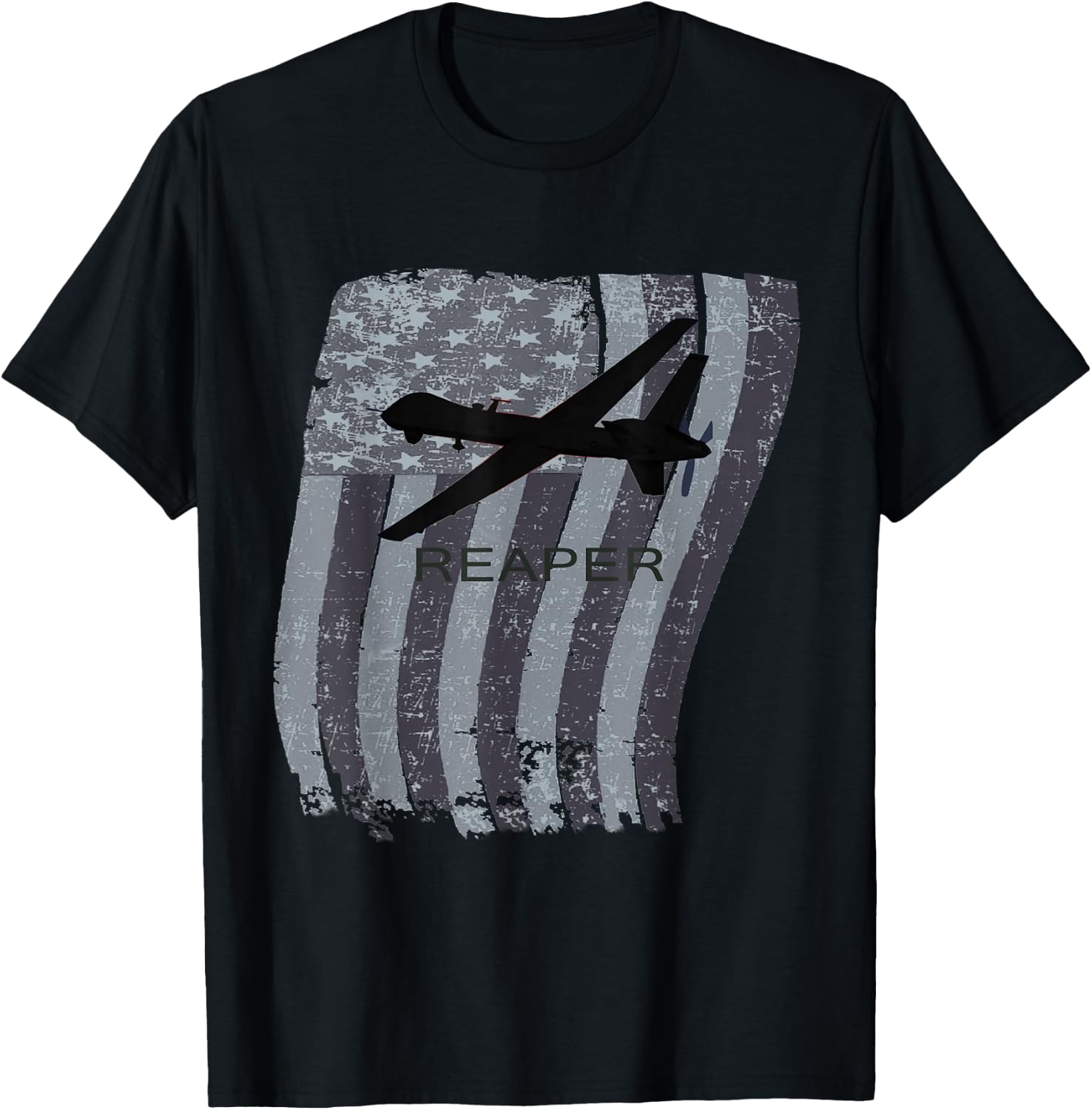 MQ-9 Reaper Drone Plane Distressed US Flag T-Shirt - T-Shirt | Black