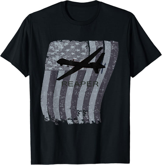MQ-9 Reaper Drone Plane Distressed US Flag T-Shirt - T-Shirt | Black