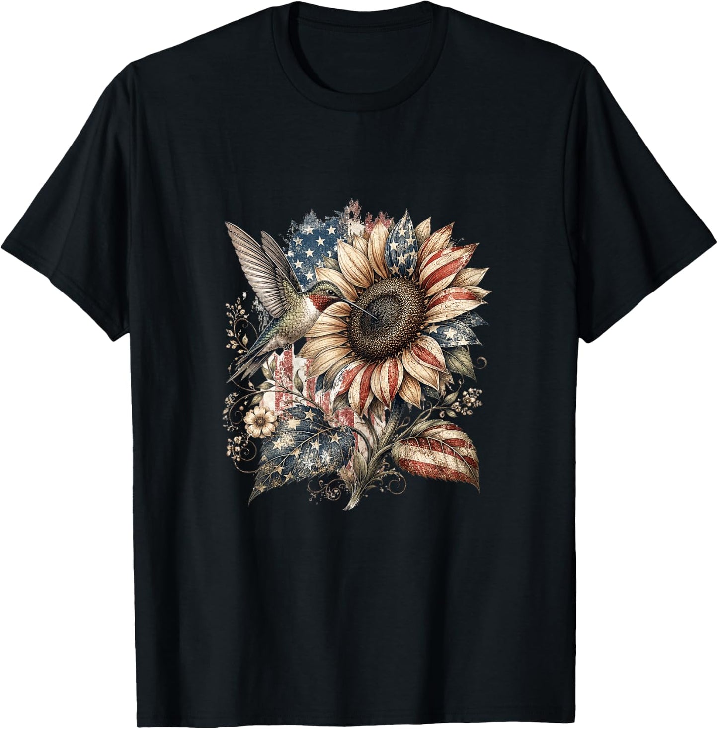 American Flag Sunflower Patriotic 250th Floral Vintage Women T-Shirt - T-Shirt | Black