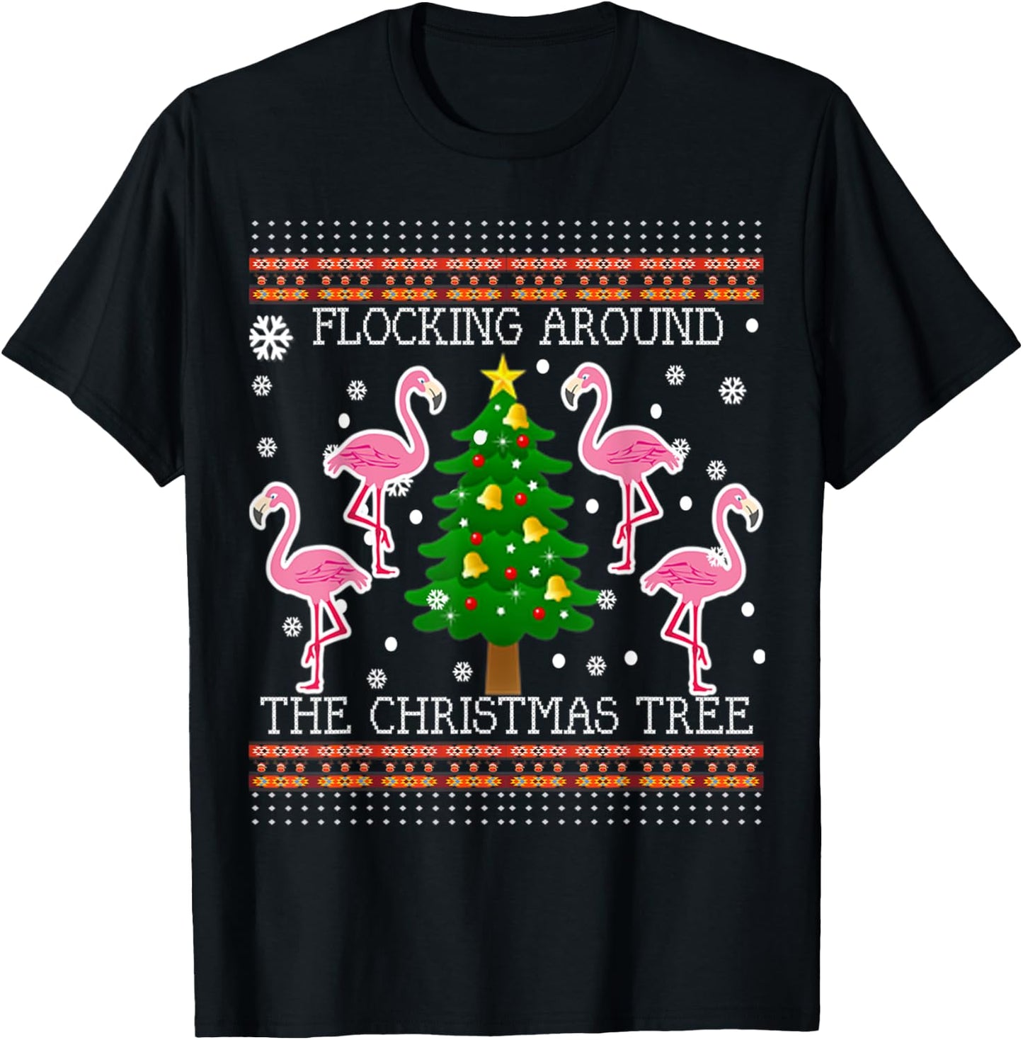 Funny Flamingo Christmas Tree Shirt-Flocking Around T-Shirt - T-Shirt | Black