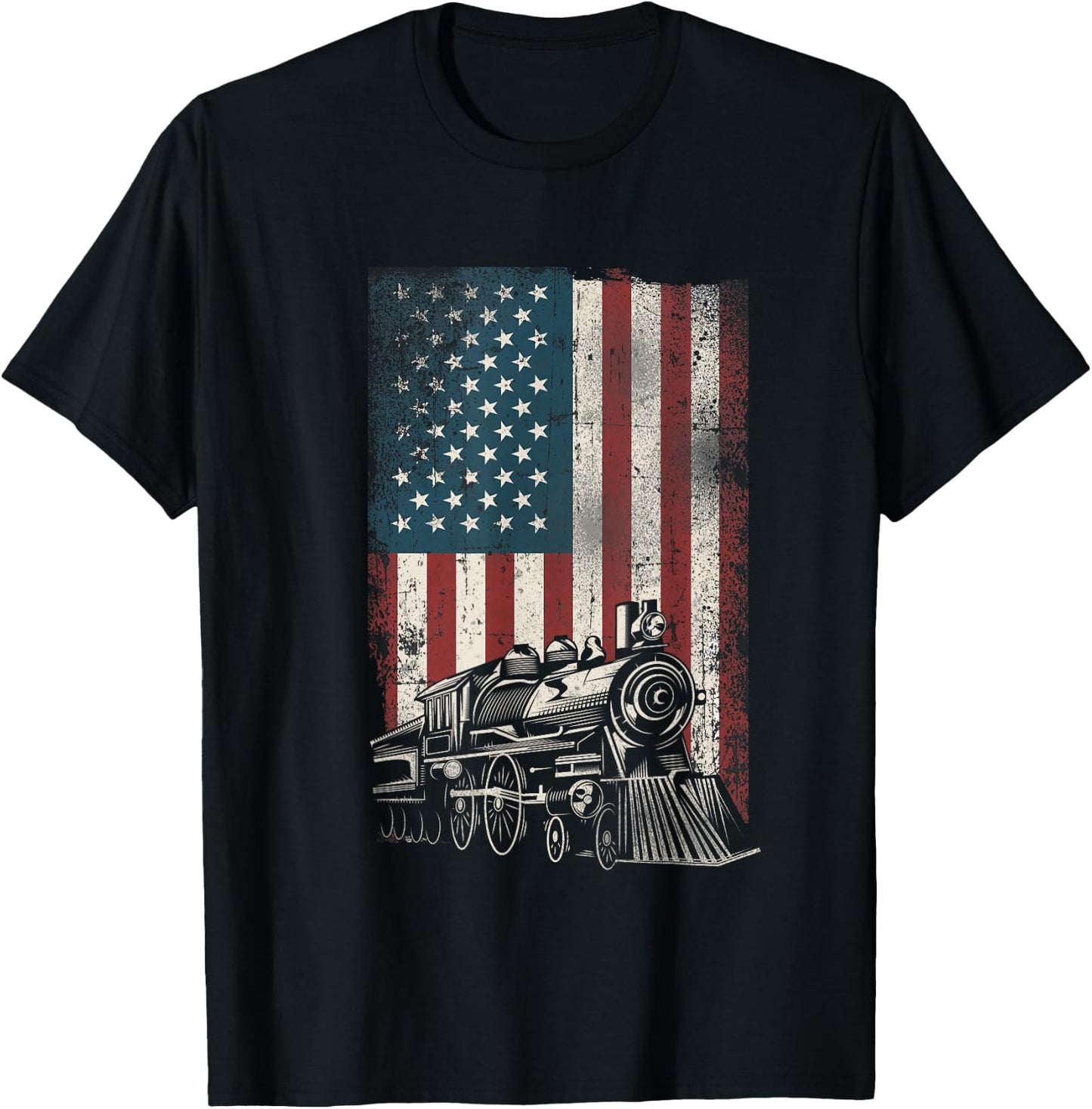 Steam Train Driver Trainspotting Locomotive American Flag T-Shirt - T-Shirt | Black