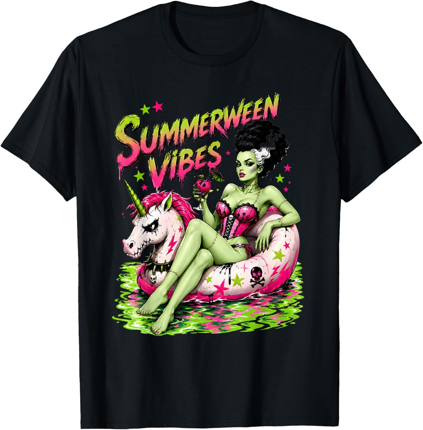 Summerween Spooky Summer Ghoul Beach Unicorn Halloween T-Shirt - T-Shirt | Black