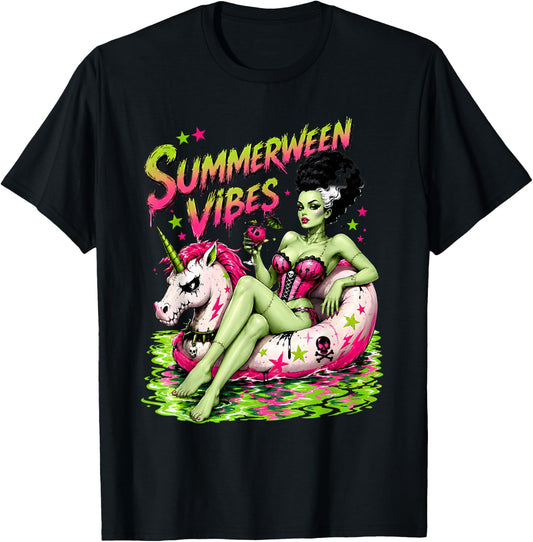 Summerween Spooky Summer Ghoul Beach Unicorn Halloween T-Shirt - T-Shirt | Black