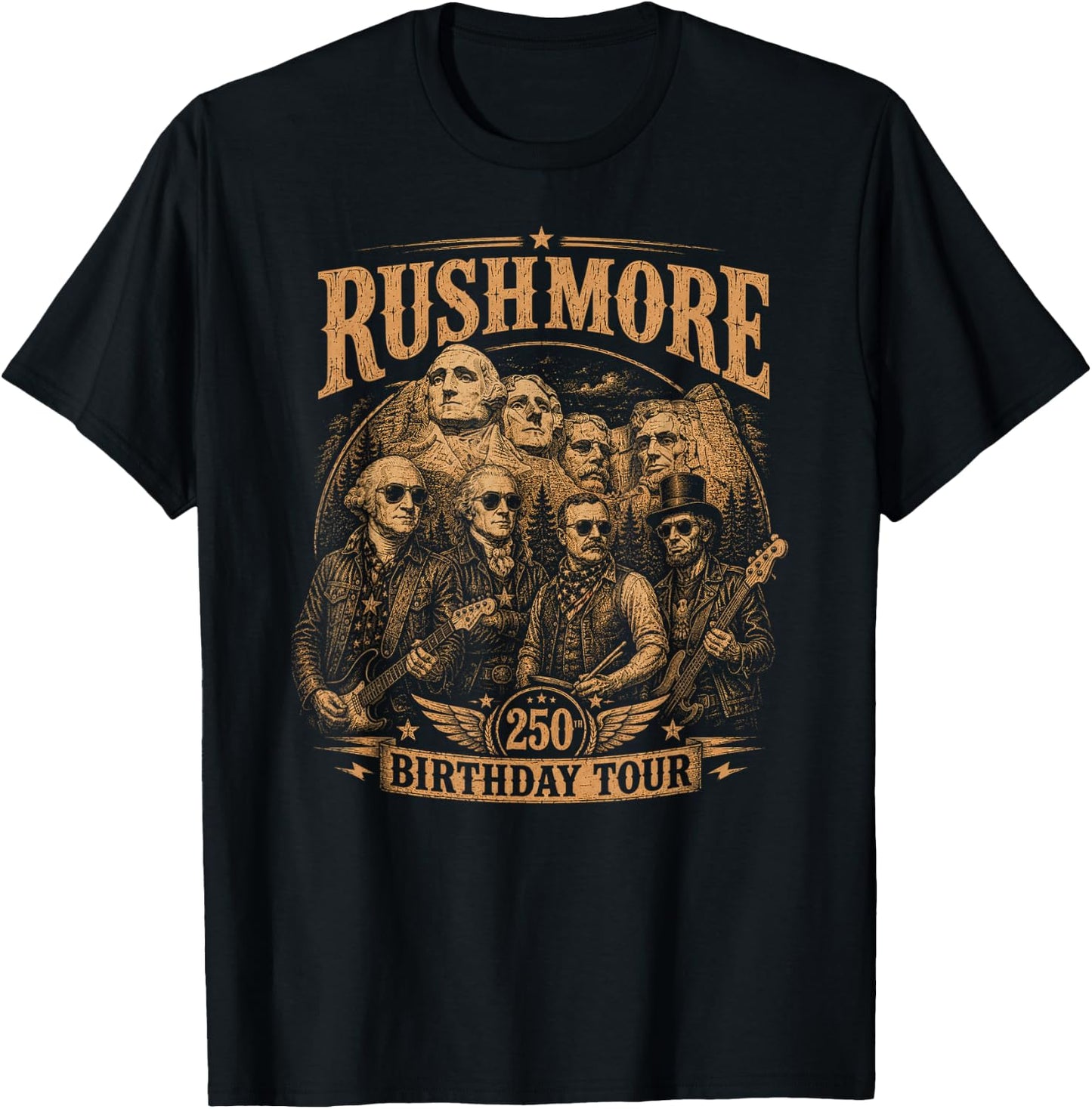 Happy 250th Birthday America Mount Rushmore Rock Star T-Shirt - T-Shirt | Black