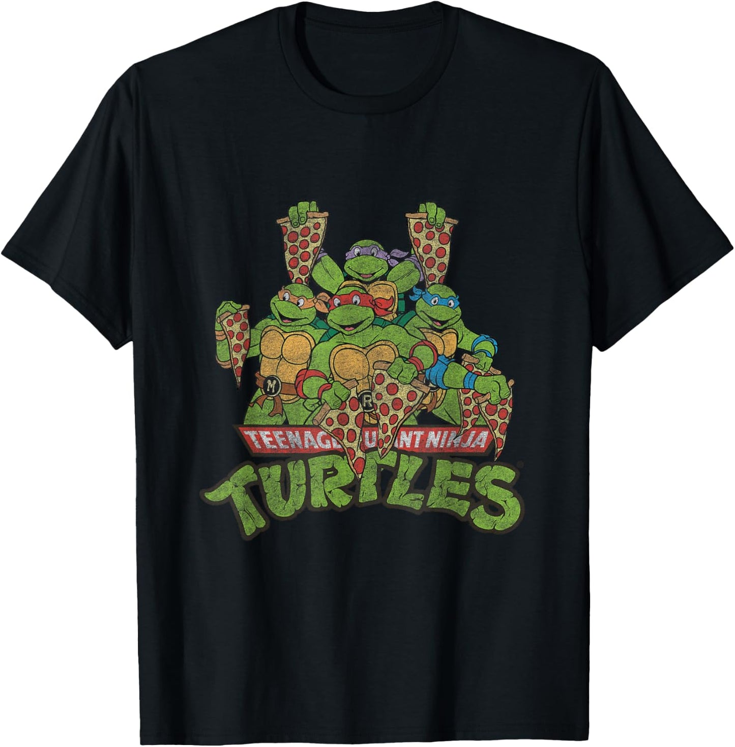 TMNT Ninja Turtles All Characters With Pizzas T-Shirt - T-Shirt | Black