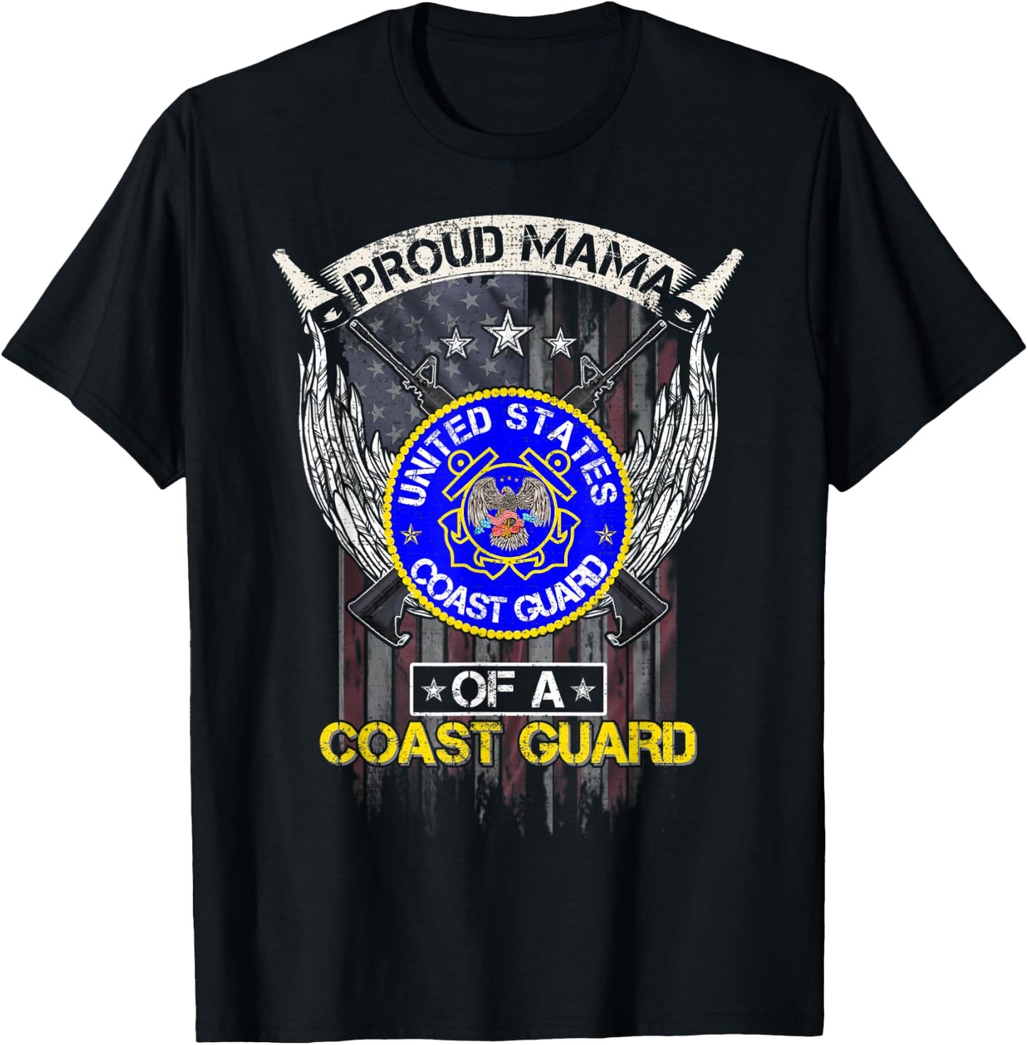 Vintage USA American Flag Proud Mama Of A US Coast Guard Men T-Shirt - T-Shirt | Black