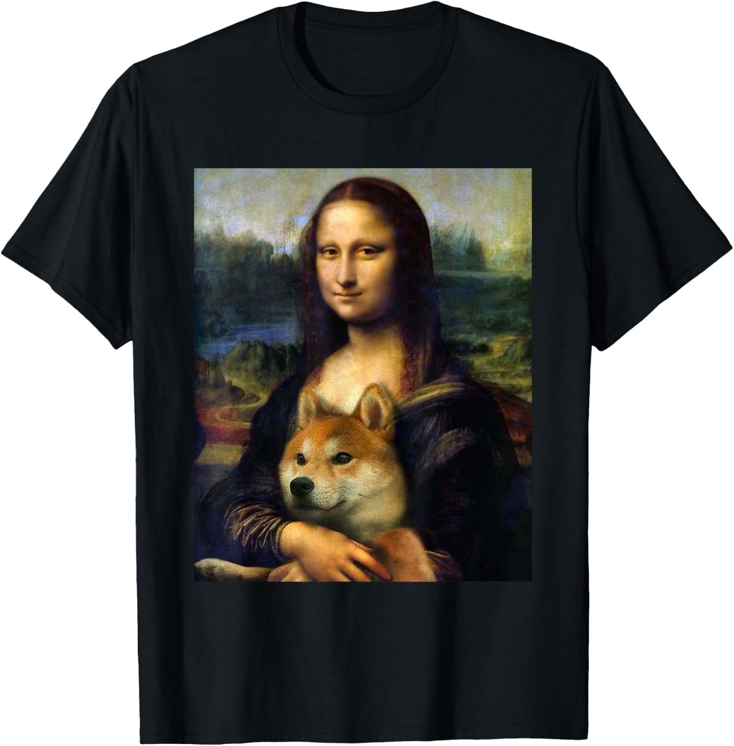 Mona Lisa da Vinci Print Shirt Mona Lisa with Shiba Inu Dog T-Shirt - T-Shirt | Black