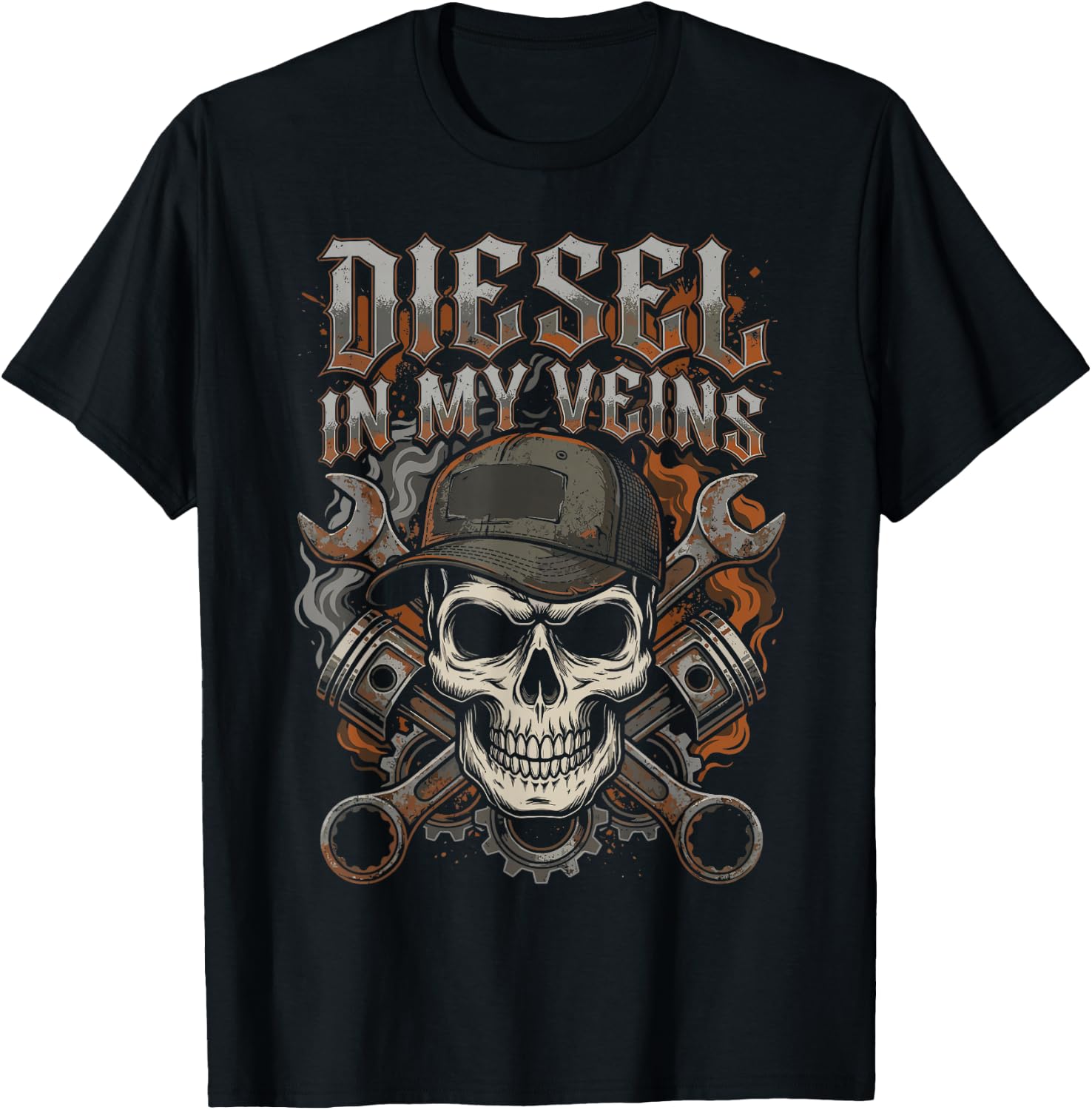 Diesel in My Veins Skull Mechanic Semi Truck Driver Trucker T-Shirt - T-Shirt | Black