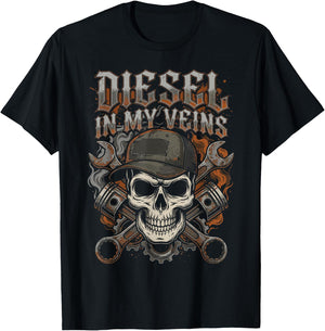 Diesel in My Veins Skull Mechanic Semi Truck Driver Trucker T-Shirt - T-Shirt | Black