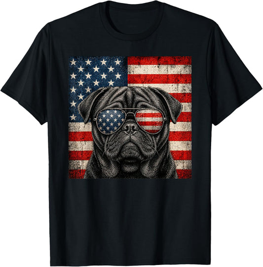 Black Pug 4th of July US American Flag Dog Patriotic T-Shirt - T-Shirt | Black
